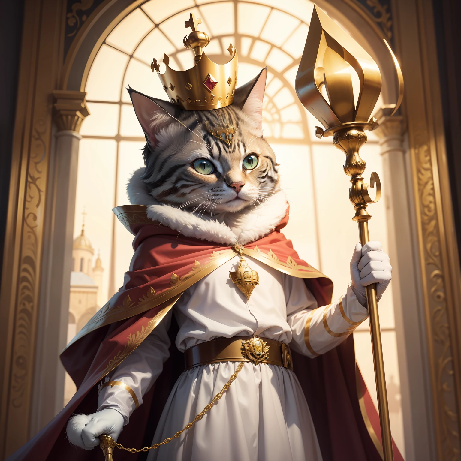 c4tt4stic,One wears a crown and holds a scepter,Cartoon cat in papal costume