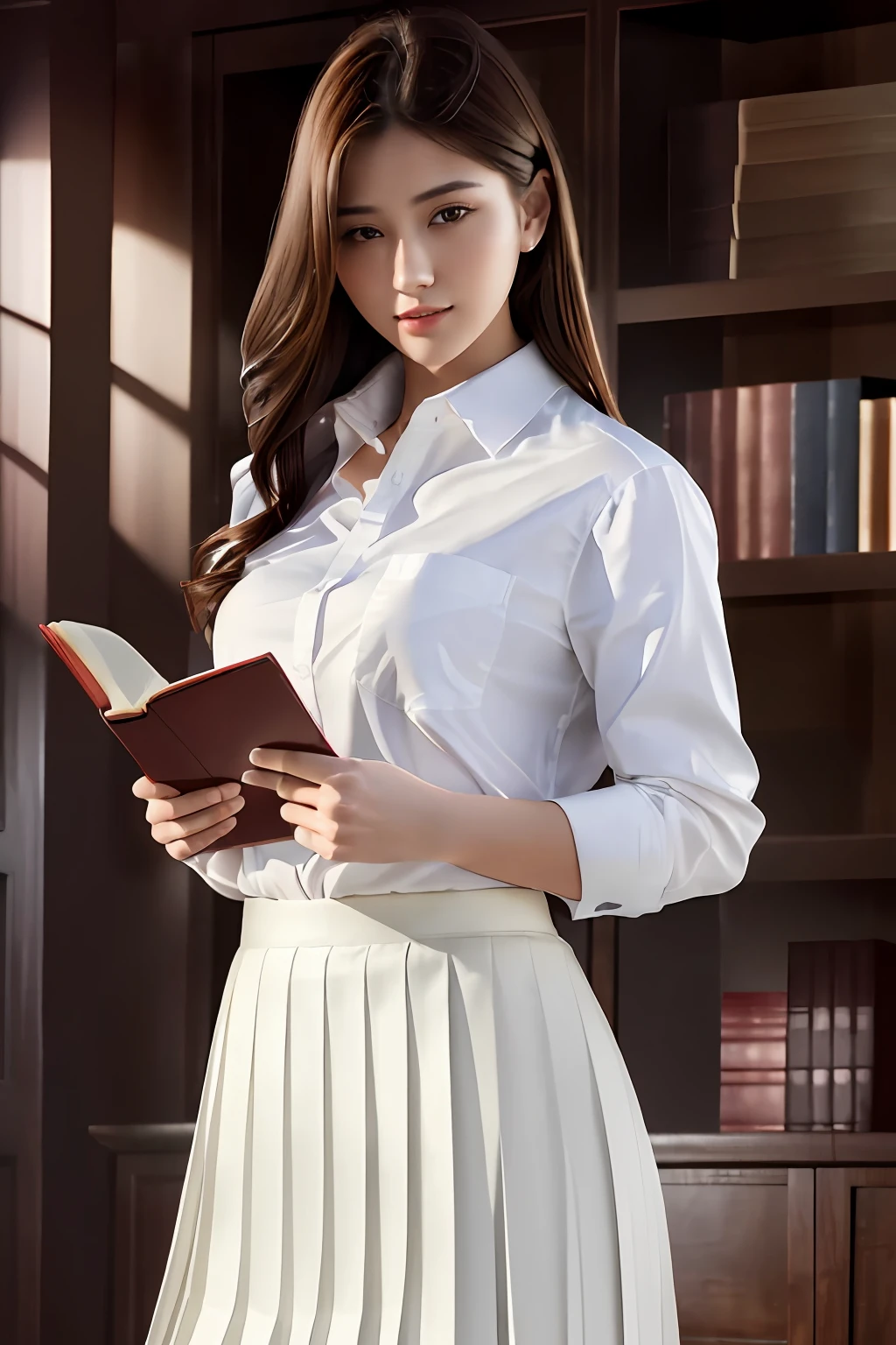 masterpiece, best quality, ultra high res, (photorealistic:1.4), beautiful lighting, RAW photo, 8k uhd, ultra detailed face, realistic lightning, beautiful girl, sweet girl, ((wearing white shirt and  long pleated skirt)), library,  long shot, shy, hiding face behind book,
