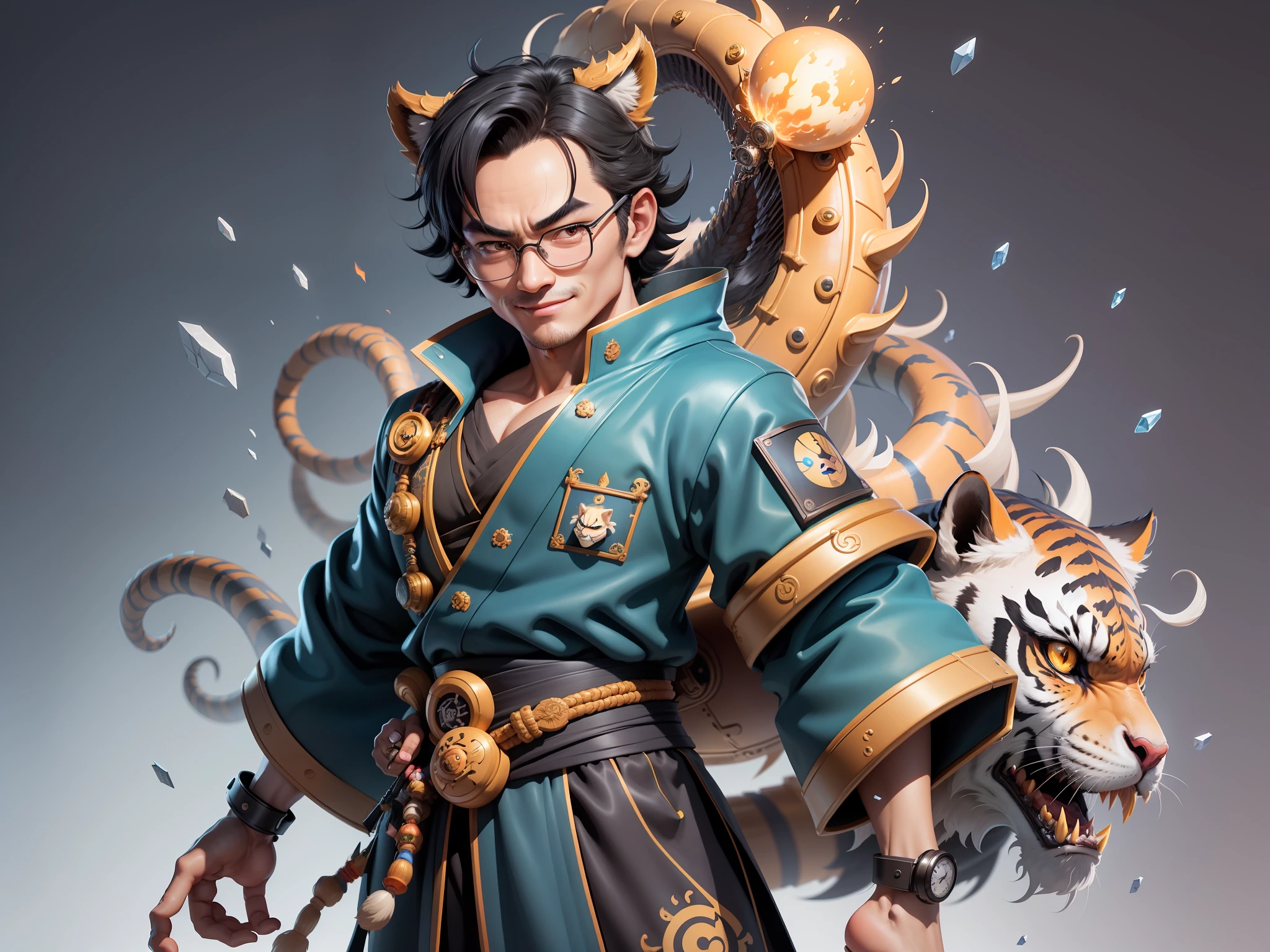 (Masterpiece), (Excellent), (Super Meticulous), (Full Body: 1.2), Super Young Man with Japanese Female Geisha, Pretty, Beautiful, Chinese Dragon, Tiger, Wind God Thor, Sexy, Bursting, Oriental Face, TV Anchor, Bust Portrait Illustration, Black Suit, Blue Tie, Slightly Chubby Face, Silver Glasses, Very Clean Face, No Beard on Chin, Black Super Short Hair, Black Eyes, Confident Smile, 3c Computer Sub-Products, iPad, iPhone, Digital Painting, 3D character design by Mark Clairedon and Pixar and Hayao Miyazaki and Akira Toriyama, the illustrations are HD illustrations in 4K resolution with highly detailed facial features and cartoon-style visuals.