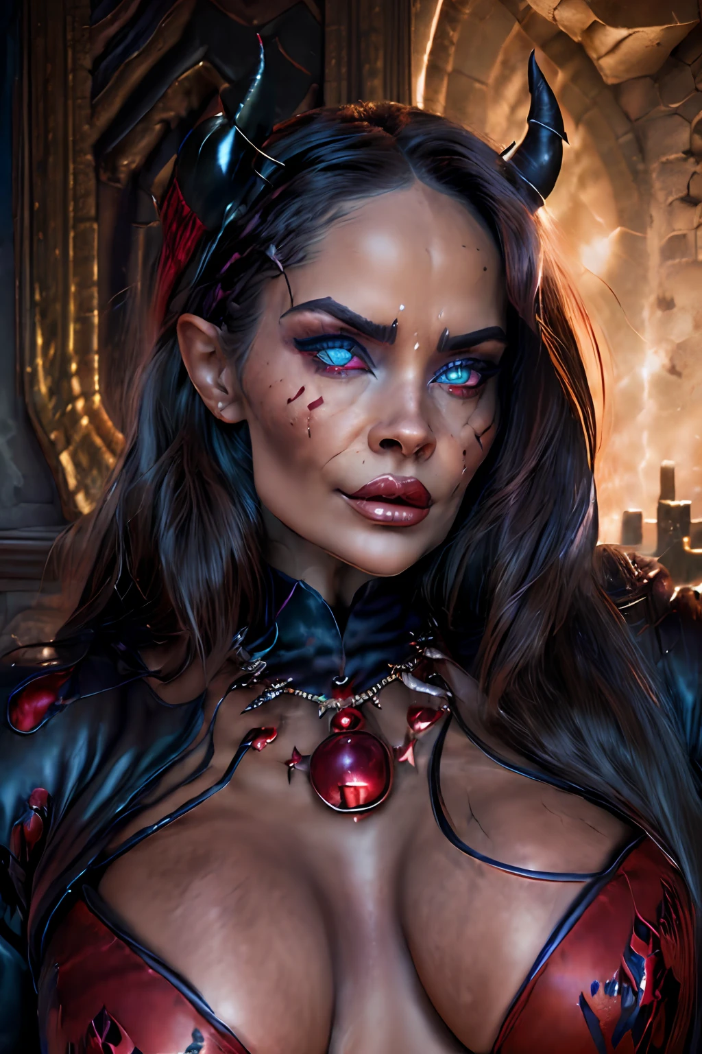 (beautiful (demon woman:1) portrait:1.5) in hell landscape with castle and demon horde (((masterpiece))), ((best quality)), realistic, 8k, ultra-detailed, realistic, scenery, ConceptArt, Highly detailed RAW color Photo, 50mm wide angle lens, sharp focus, cinematic film still, dynamic pose, (Realistic:1.3),