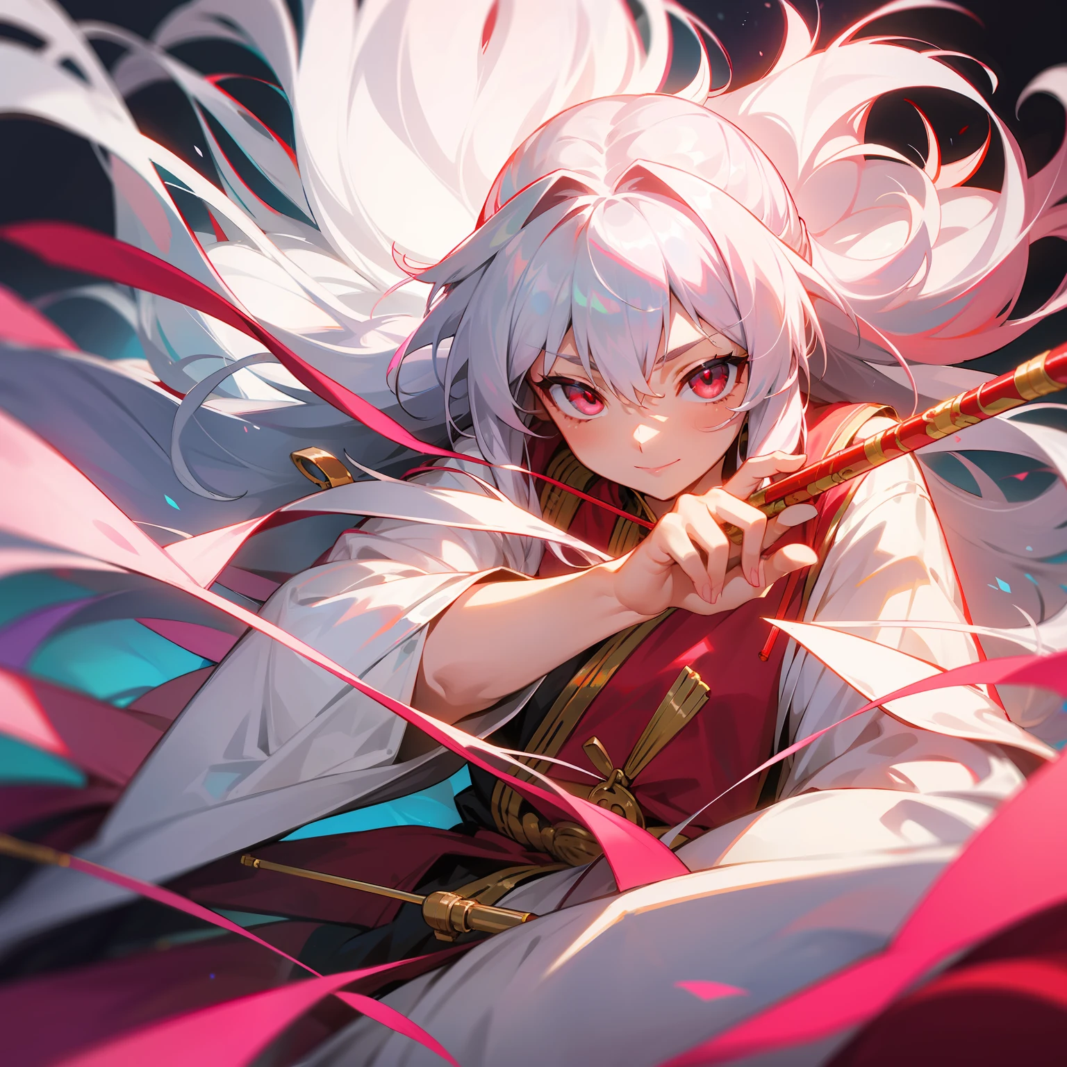 silver-white long hair,red color eyes,Pink yukata,The action of playing the flute,With a slight smile,