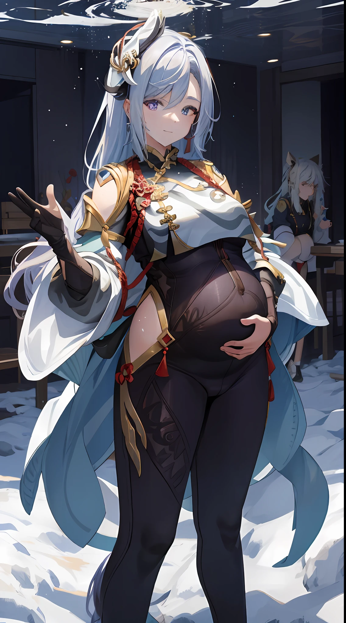 TakaRi, 独奏, 1girll, whaite hair, long whitr hair, Purple eye, ssmile, standing on your feet, dynamicposes, 8K, tmasterpiece, best qualtiy, absurderes, Perfect anatomy, cinmatic lighting, cowboy lens, (Police uniform:1.1), trouser,Pregnant belly,Pregnant belly