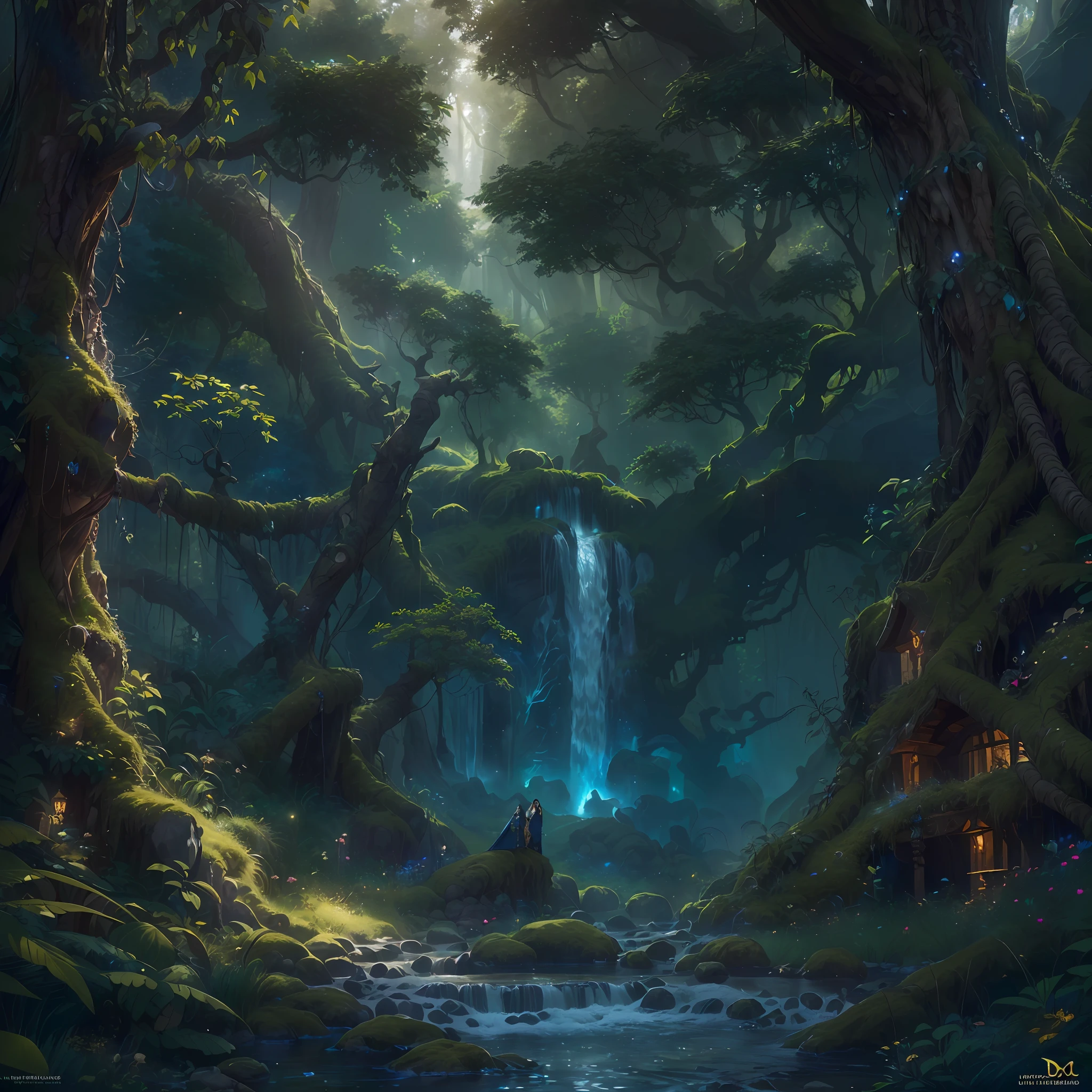high details, best quality, 8k, [ultra detailed], masterpiece, best quality, (extremely detailed), dynamic angle, ultra wide shot, photorealistic, fantasy art, dnd art, rpg art, realistic art, an ultra wide picture of druid grove in a fantasy forest and its druid warden observing all, a fantasy forest (intricate details, Masterpiece, best quality: 1.5), many trees, a stream of water (intricate details, Masterpiece, best quality: 1.5), waterfall (intricate details, Masterpiece, best quality: 1.5), human female druid, full body (intricate details, Masterpiece, best quality: 1.5), exquisite beautiful woman druid (intricate details, Masterpiece, best quality: 1.5), ultra detailed face (intricate details, Masterpiece, best quality: 1.5), black hair, long hair, wavy hair (intricate details, Masterpiece, best quality: 1.5),, dynamic eyes color, fair skin, wearing blue cloak (intricate details, Masterpiece, best quality: 1.5), green robe (intricate details, Masterpiece, best quality: 1.5), cinematic light, pastoral atmosphere, divine light, gods rays,