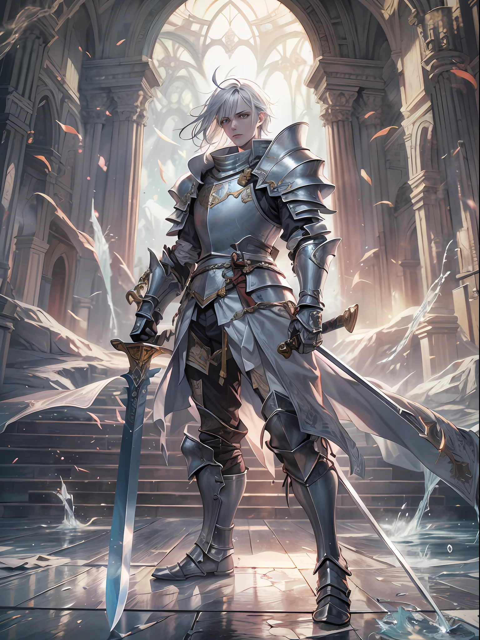 (a teenager male knight in cracked sliver armor), handsome, ((he raise a sword stained with water)), a giant gate of castle behind him, light from the sky, lots of swords point at the knight, silver hair, black hair, gradient hair, chiaroscuro, cinematic lighting, god rays, ray tracing, reflection light, ((close-up)), masterpiece, best quality, high quality, high details, highest, accurate, anatomically correct, textured skin, UHD, 1080P