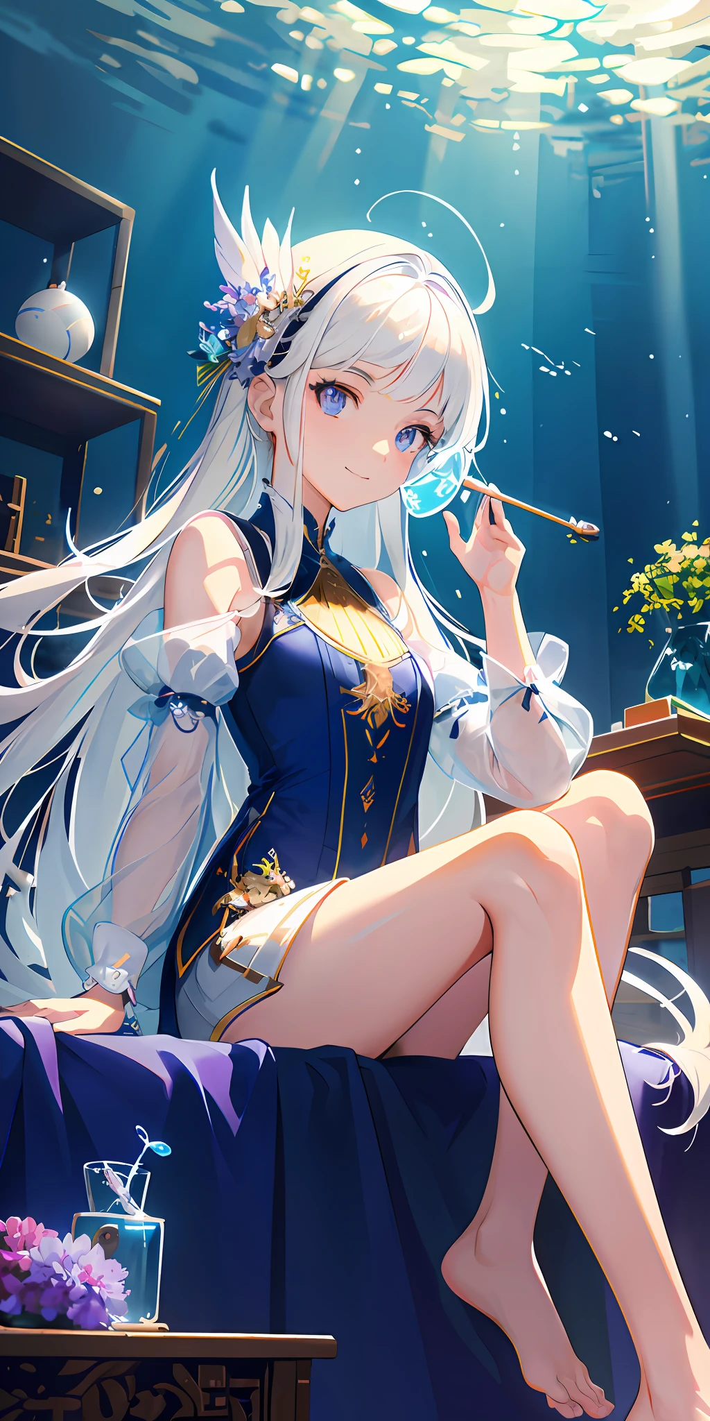 Anime girl sitting on bed，A glass of water in his hand, Splash art anime Loli, Anime art wallpaper 8 K, Anime art wallpaper 4 K, Anime art wallpaper 4k, Detailed digital anime art, Guweiz in Pixiv ArtStation, trending on artstation pixiv, white-haired god, cute anime waifu in a nice dress