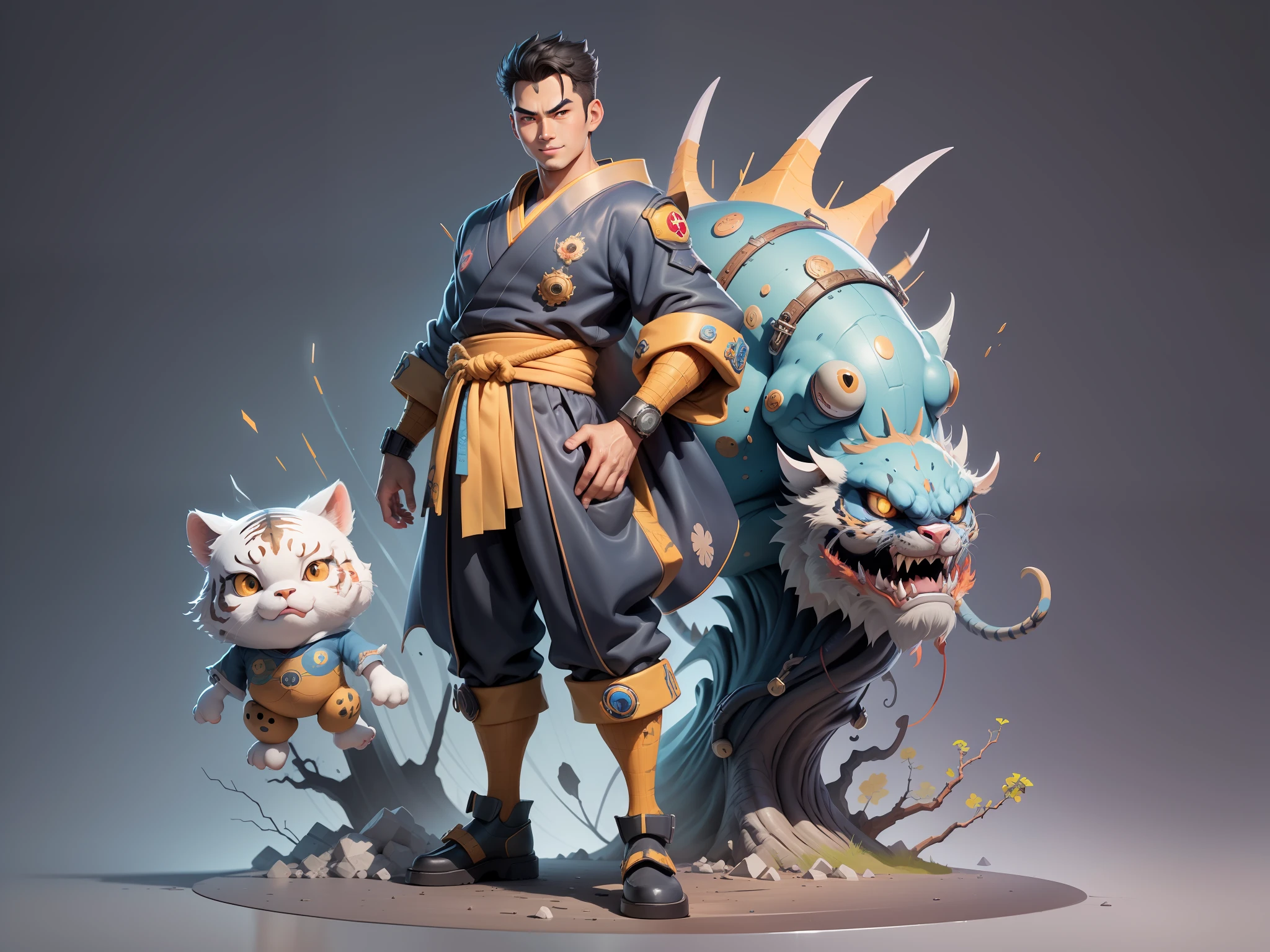 (Masterpiece), (Excellent), (Super Meticulous), (Full Body: 1.2), Super Young Man, Oriental Face, Japanese Kimono, Japanese Wind Thunder God, Dragon, Tiger, TV Anchor, Bust Portrait Illustration, Alone, Black Suit, Blue Tie, Slightly Chubby Face, Very Clean Face, No Beard, Black Super Short Hair, Black Eyes, Confident Smile, 3c Computer Sub-Products, iPad, iPhone, Digital Painting, 3D Character Design by Akira Toriyama and Mark Claireden and Pixar and Hayao Miyazaki, The illustration is a high-definition illustration in 4K resolution with very detailed facial features and cartoon-style visuals.