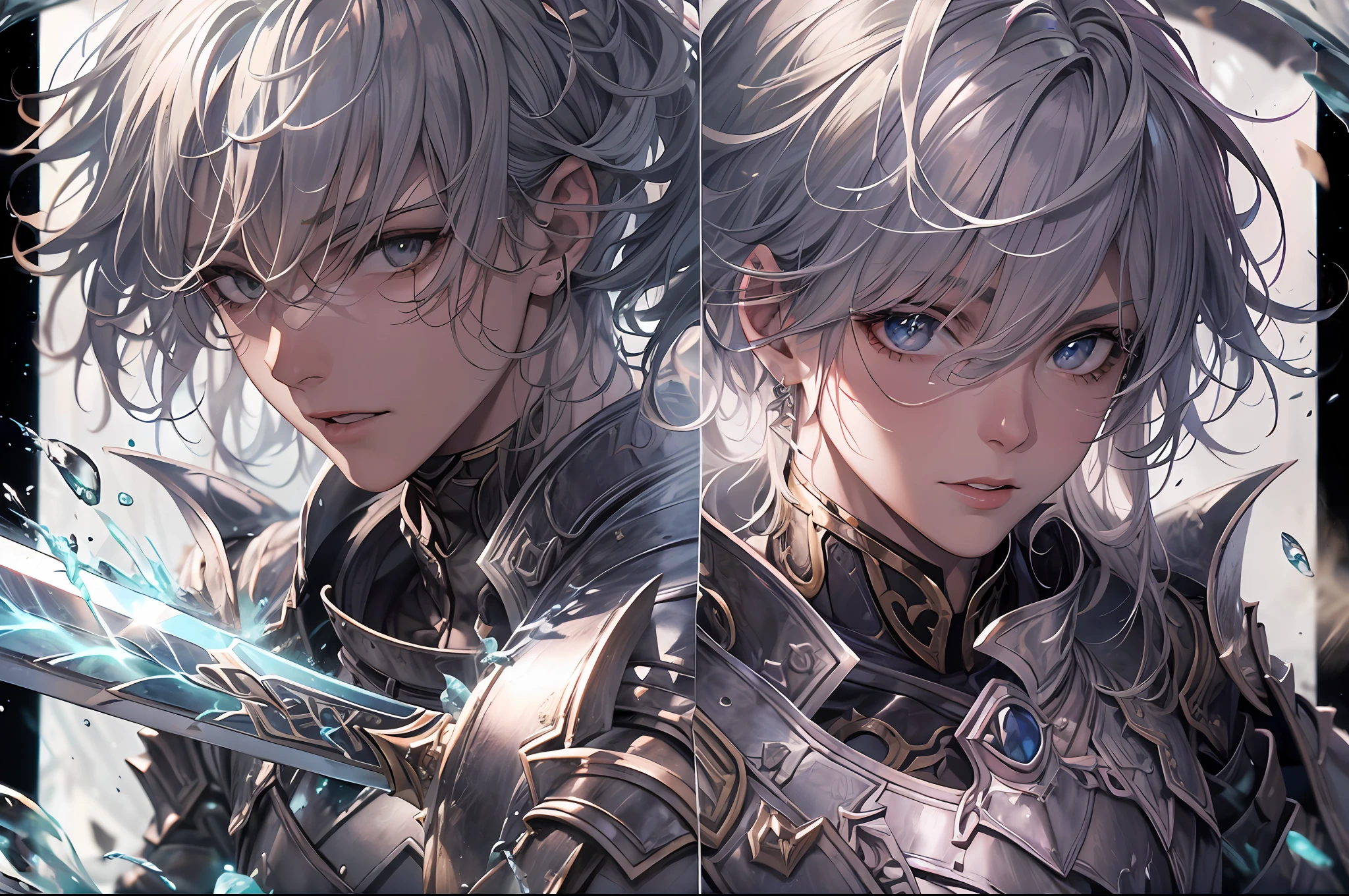(a teenager male knight in cracked sliver armor), handsome, ((he raise a sword stained with water)), a giant gate of castle behind him, light from the sky, lots of swords point at the knight, silver hair, black hair, gradient hair, chiaroscuro, cinematic lighting, god rays, ray tracing, reflection light, ((close-up)), masterpiece, best quality, high quality, high details, highest, accurate, anatomically correct, textured skin, UHD, 1080P