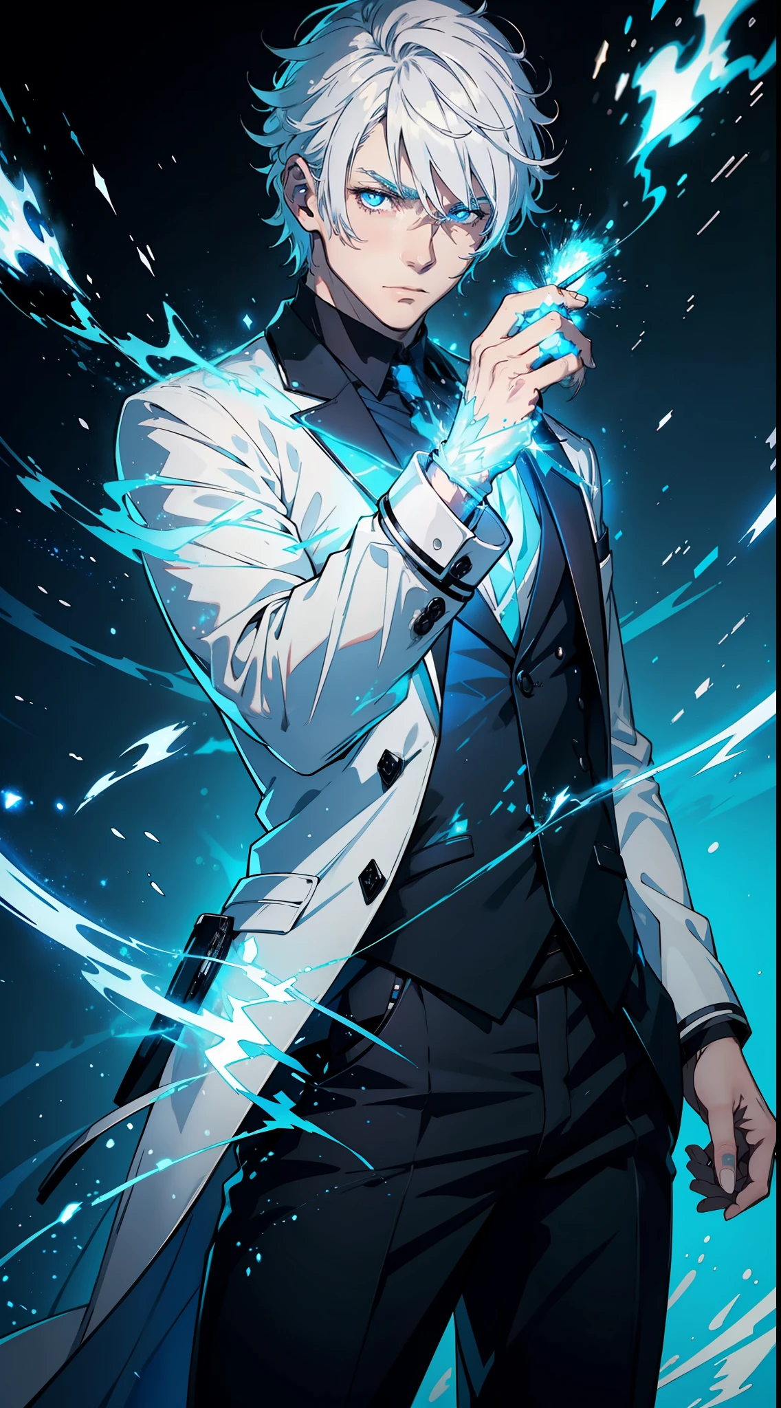 The white-haired man with the power of light shone blue, sparks, blue sparks, dazzling style, wearing black