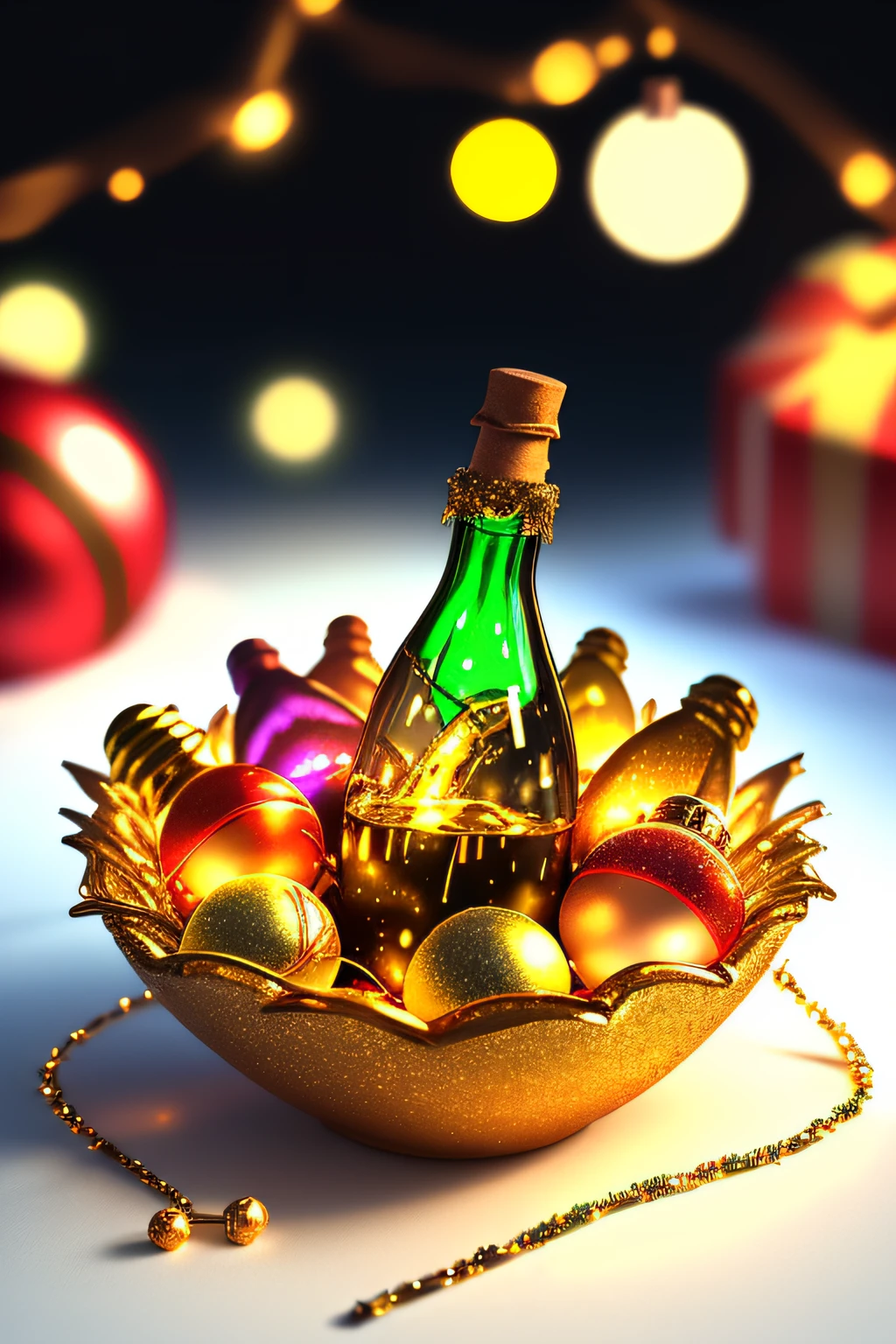 "3D Christmas lights, small empty bottle in center, festive decorations, glittering ornaments, cheerful atmosphere, glowing colors, holiday spirit."