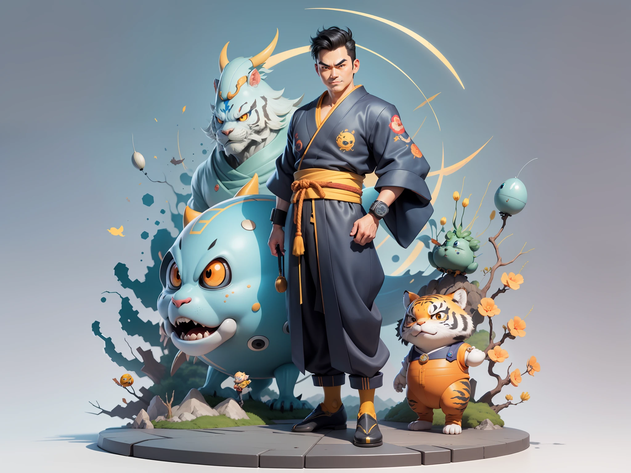 (Masterpiece), (Excellent), (Super Meticulous), (Full Body: 1.2), Super Young Man, Oriental Face, Japanese Kimono, Japanese Wind Thunder God, Dragon, Tiger, TV Anchor, Bust Portrait Illustration, Alone, Black Suit, Blue Tie, Slightly Chubby Face, Very Clean Face, No Beard, Black Super Short Hair, Black Eyes, Confident Smile, 3c Computer Sub-Products, iPad, iPhone, Digital Painting, 3D Character Design by Akira Toriyama and Mark Claireden and Pixar and Hayao Miyazaki, The illustration is a high-definition illustration in 4K resolution with very detailed facial features and cartoon-style visuals.