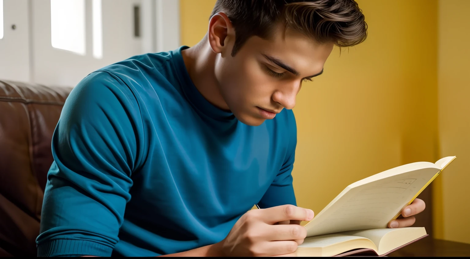 Image showing young man reading yellow diary