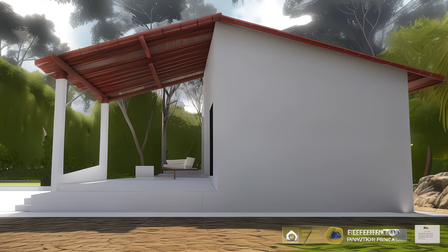 There is a small white building, com um telhado ao lado dele, Frente, Frente cheia, Lumion Pro rendering, Directed by: CeFerí Olivé,Vista frontal, vista lateral frontal, vista frontal, Vista lateral superior frontal, vista externa, vista de lado, estrutura da parede, visto de fora, Front view, side view, front view dramatic, um tiro do meio da frente, bem renderizado