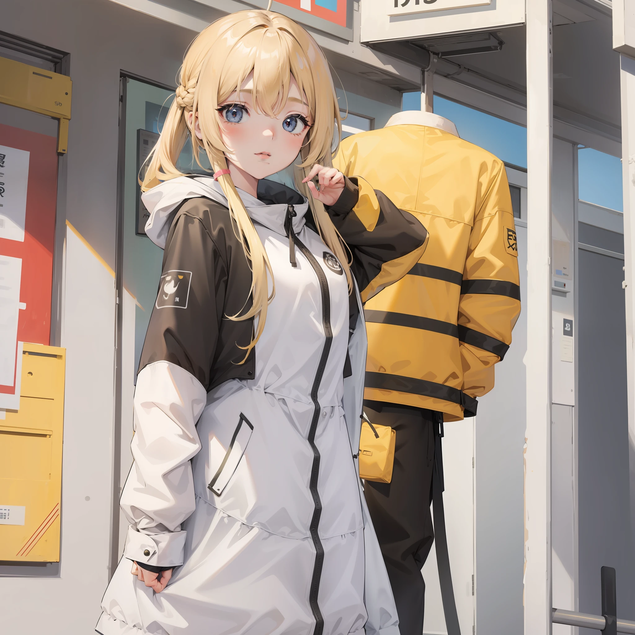 a blond、length hair、teens girl、ren、kawaii、parka、White background、soio