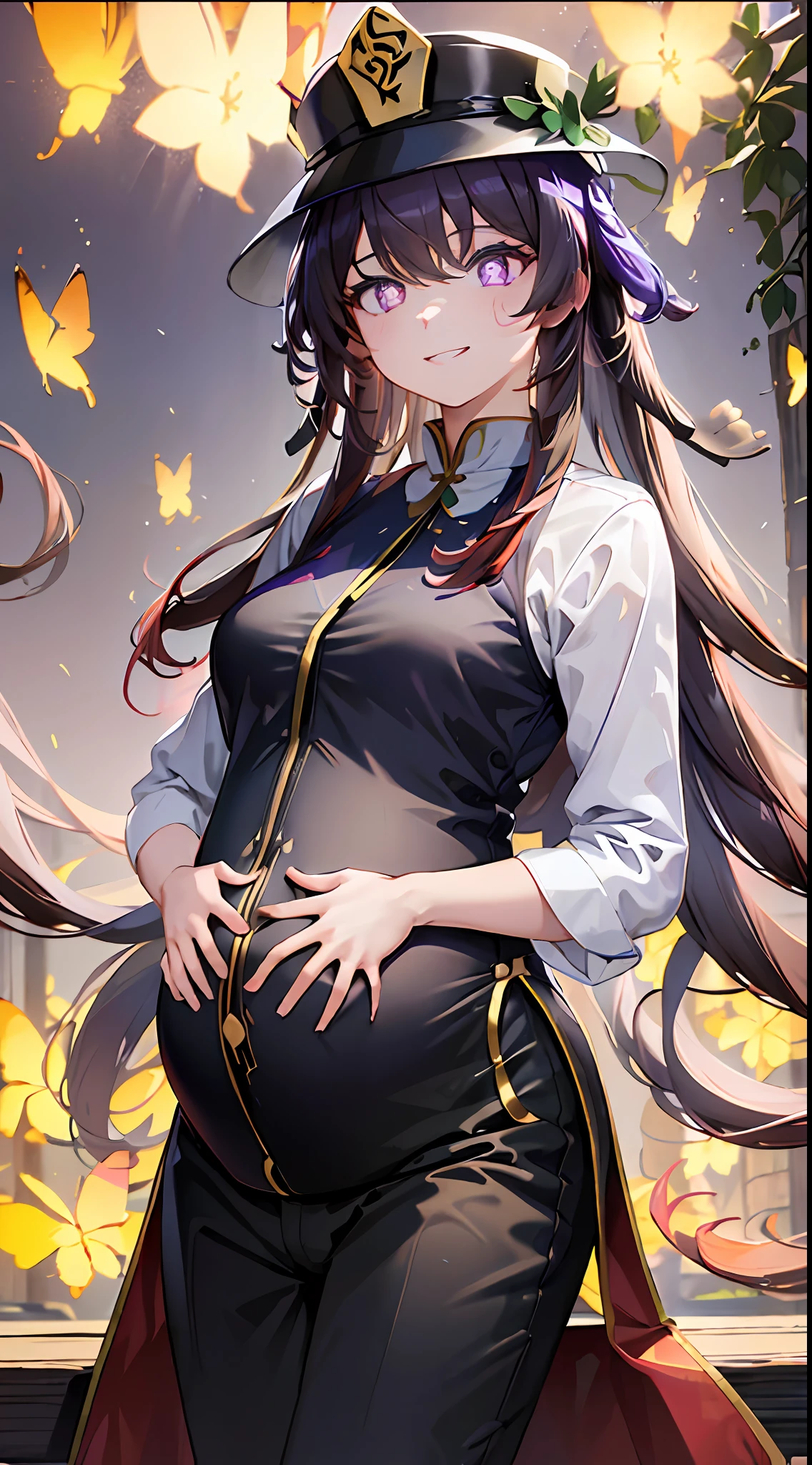 TakaRi, 独奏, 1girll, whaite hair, long whitr hair, Purple eye, ssmile, standing on your feet, dynamicposes, 8K, tmasterpiece, best qualtiy, absurderes, Perfect anatomy, cinmatic lighting, cowboy lens, (Police uniform:1.1), trouser,Pregnant belly,Pregnant belly