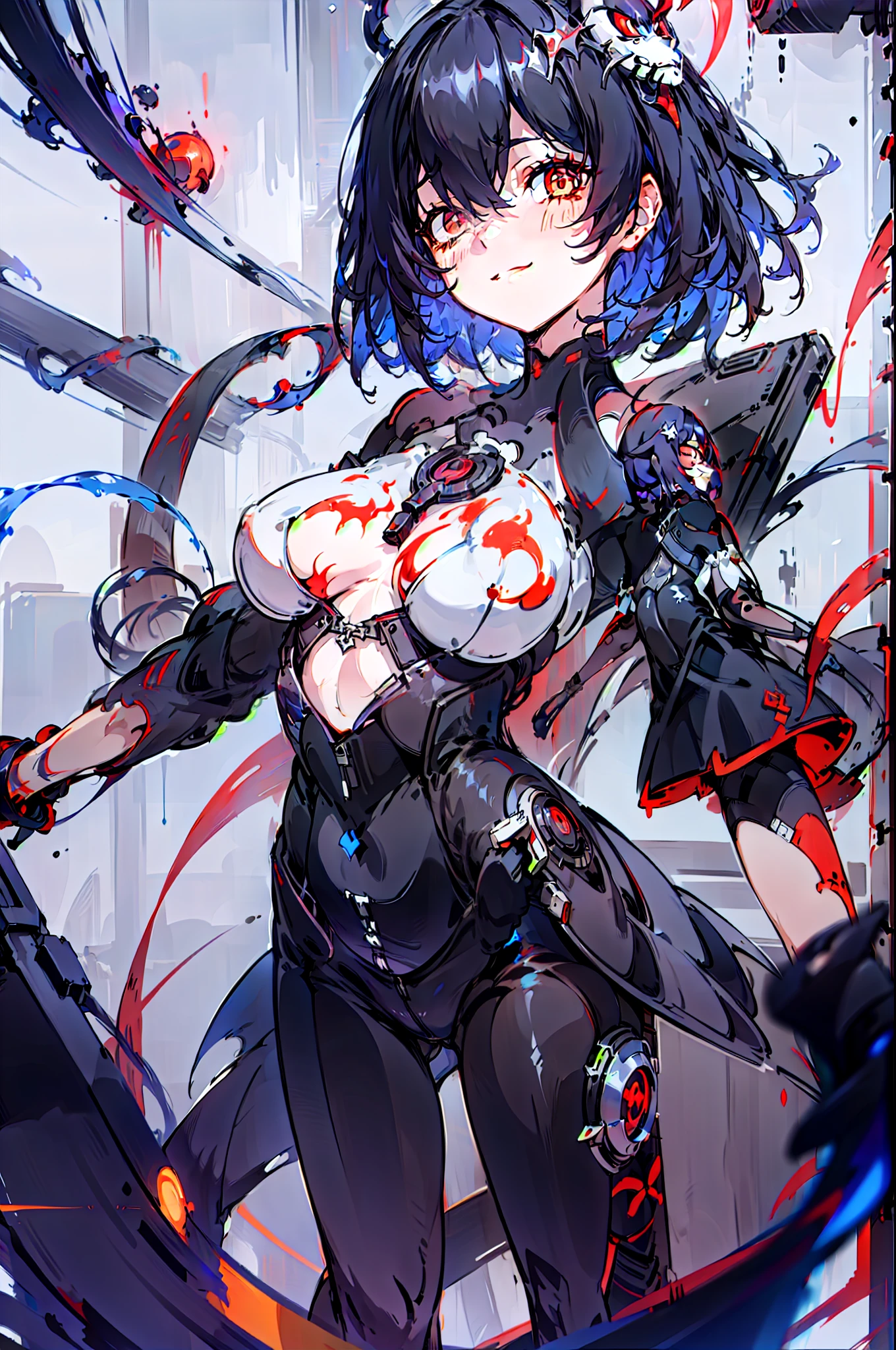 1girll, 独奏, standing on your feet, hair adornments, Red eyes, , blood stain, mechanicalparts, electrical wires, electric cables, Failure effect, terroral, sci-fy, A futuristic, background inside dark, neonlight, cyber punk perssonage, hyper realisitc, eerie, unnerving, spine-chilling, terroral, onesie,Red eyes,Venom possession,Blackened,long black gloves,Jumpsuits,Skinny one-piece latex clothing,Highlight her gorgeous figure,Wrap the whole body,symbiote,((Raised sexy)),onesie,Red eyes,Venom possession,Blackened,long black gloves,Jumpsuits,Black latex clothing,Blood-red eyes,Best quality, high resolution, Ultra-detailed, Vivid texture, Mask, Skinny one-piece latex clothing, bangs,Purple hair,Wear socks,Tears,anklet,washes,Blackened,Wrapped in black slime,A sad expression,Say goodbye to the gaze,Red coat,long eyelasher, solid circle eyes, Light smile, Ear blush, Red eyes, Tears, Empty eyes, Dark blue hair, hair between eye, Short hair,, Mad eyes, bandage on, bandage over one eye, Crazy smile, Sad smile, Evil smile, crazy, jitome, shaded, Yandere, chin grab, disdain, Evil, Crazy smile, Colored inner hair, Blue hair, Dark blue hair, surrealism, shadowing, anaglyph, stereograms, tachi-e, angle of view, Atmospheric perspective, Chiaroscuro, Cinematic lighting, 8K, Super detail, ccurate, Best quality, hyper HD, retinas, Masterpiece, Textured skin, Award-Awarded, A high resolution, Best quality, Super detail, best qualtiy, 8K, digitial painting,Red coat,bleed,,There are wounds all over the body,The legs were covered with bandages,The legs were covered with bandages,The whole body is covered with bandages,Anime girl in red cape