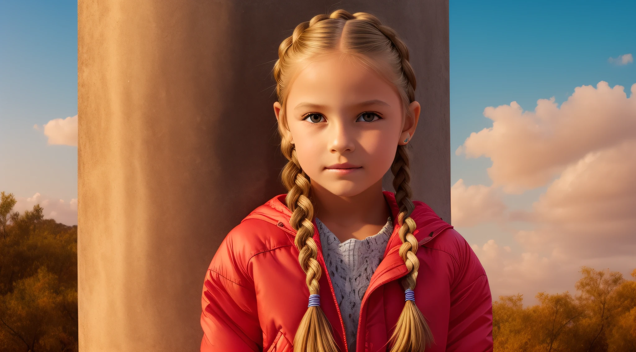 GIRL CHILD , Russian blonde in braids, JAQUETA DE COURO AMARELA, VELAS VERMELHAS ACESAS.