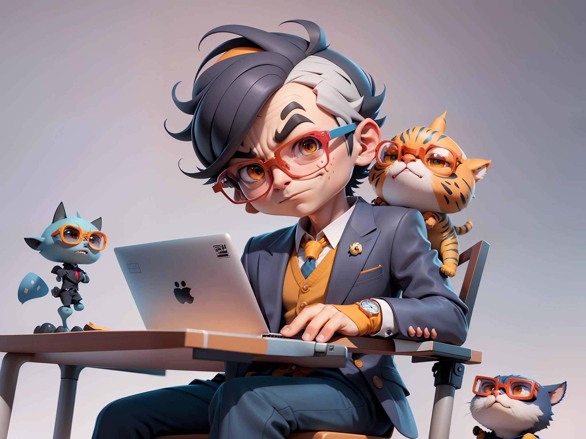 A young man in a suit, Short hair and glasses sat at his desk,holding laptop,digitial painting,tigre,3D character design by Mark Clairen and Pixar and Hayao Miyazaki and Akira Toriyama,4K HD illustration,Very detailed facial features and cartoon-style visuals。