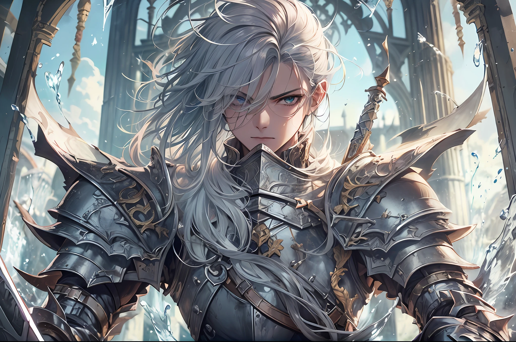(a ager male knight in cracked sliver armor), handsome, ((he raise a sword stained with water element)), a giant gate of castle behind him, light from the sky, lots of swords point at the knight, silver hair, black hair, gradient hair, chiaroscuro, cinematic lighting, god rays, ray tracing, reflection light, ((close-up)), masterpiece, best quality, high quality, high details, highest, accurate, anatomically correct, textured skin, UHD, 1080P, ((anime))
