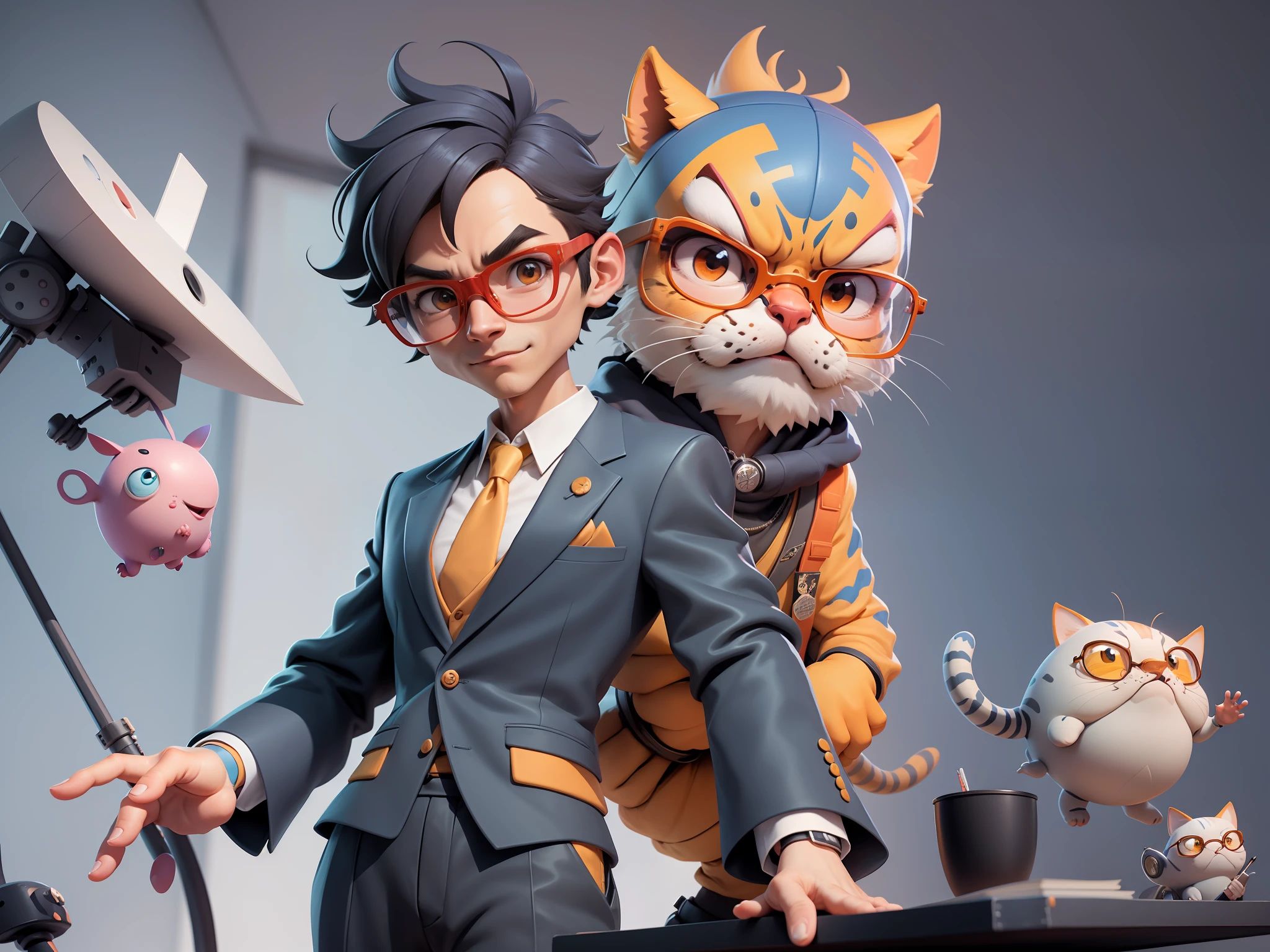 A young man in a suit, Short hair and glasses sat at his desk,holding laptop,digitial painting,tigre,3D character design by Mark Clairen and Pixar and Hayao Miyazaki and Akira Toriyama,4K HD illustration,Very detailed facial features and cartoon-style visuals。