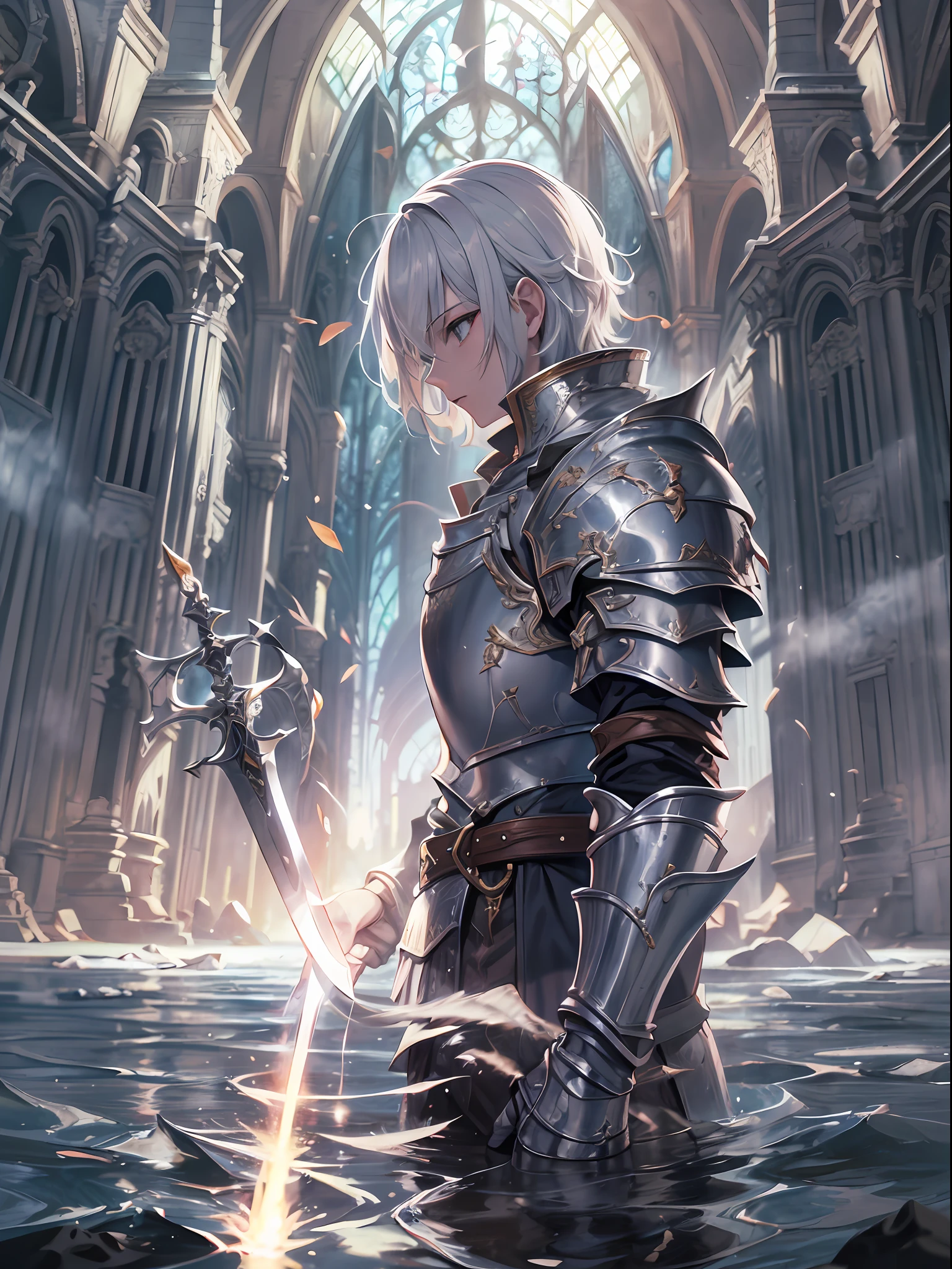 (a ager male knight in cracked sliver armor), handsome, ((he raise a sword stained with water element)), a giant gate of castle behind him, light from the sky, lots of swords point at the knight, silver hair, black hair, gradient hair, chiaroscuro, cinematic lighting, god rays, ray tracing, reflection light, ((close-up)), masterpiece, best quality, high quality, high details, highest, accurate, anatomically correct, textured skin, UHD, 1080P, ((anime))