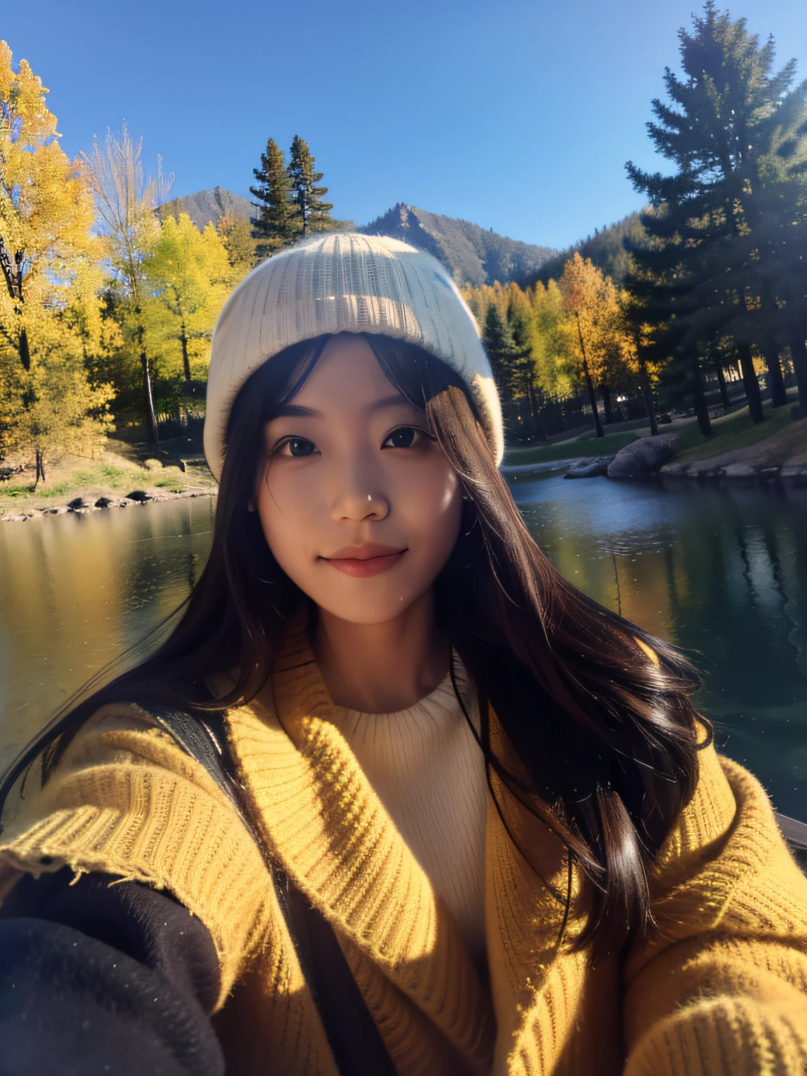 ((Upper body selfie, cheerfulness)), 1girll, long whitr hair, tmasterpiece, best qualtiy, ultra - detailed, 独奏, exteriors, (natta), mont, naturey, (As estrelas, themoon) cheerful big breasts, cheerfulness, backpacks, sleeping bag, Camping stove, water bottel, Mountain shoes, mitts, Sweaters, bucket-hat, flashlights, ln the forest, Rochas, flod, wood, smog, shadowing, to contrast, sunny clear sky, analogue style (looki at viewer:1.2) (skin textures) (filmgrain:1.3), (a warm color palette,a warm color palette) :1.2), closeup cleavage, cinematric light, Sideslit, 超高分辨率, Best shadow, primitive, The upper part of the body, , Wear a sweater in Kodak Vision 3