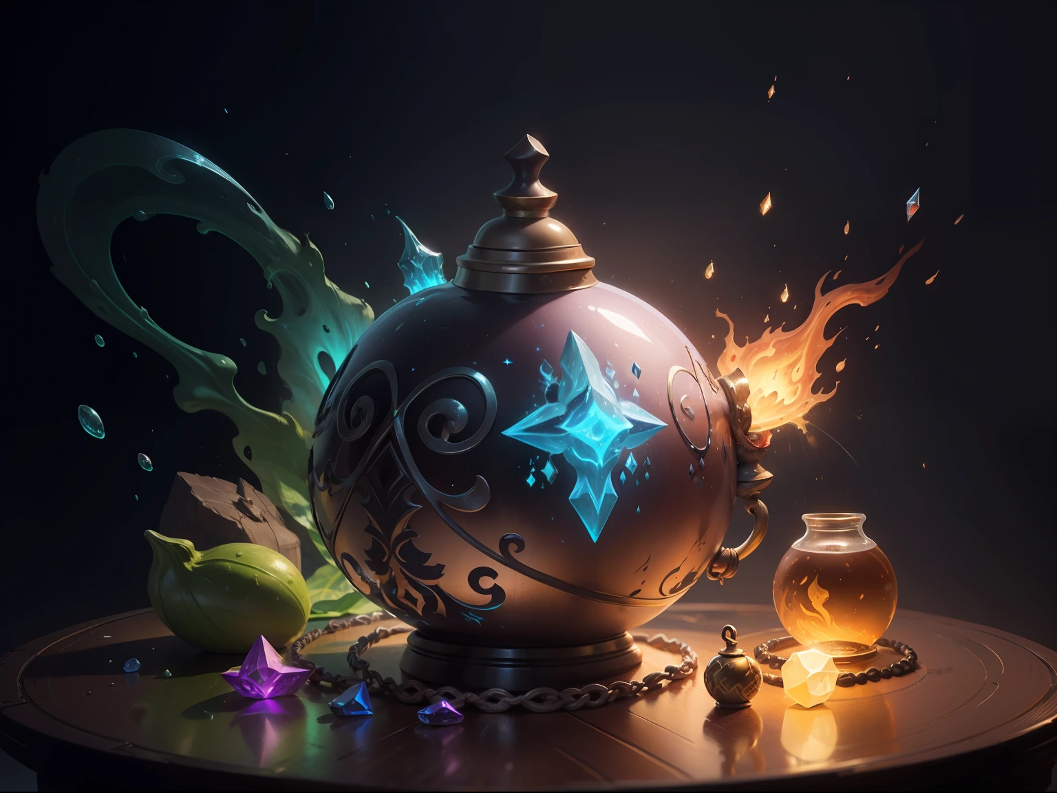 um close up de uma garrafa com uma luz brilhando sobre ela, concept art magical highlight, painting of one health potion, potion of healing, magical potions, fantasy game spell, fantasy game spell symbol, frasco de estrelas, estilo de arte de jogo de fantasia, holy fire spell art, magic items, fantasia estilo de arte hearthstone, Magical artifact, estilo de arte arcano, shiny potions