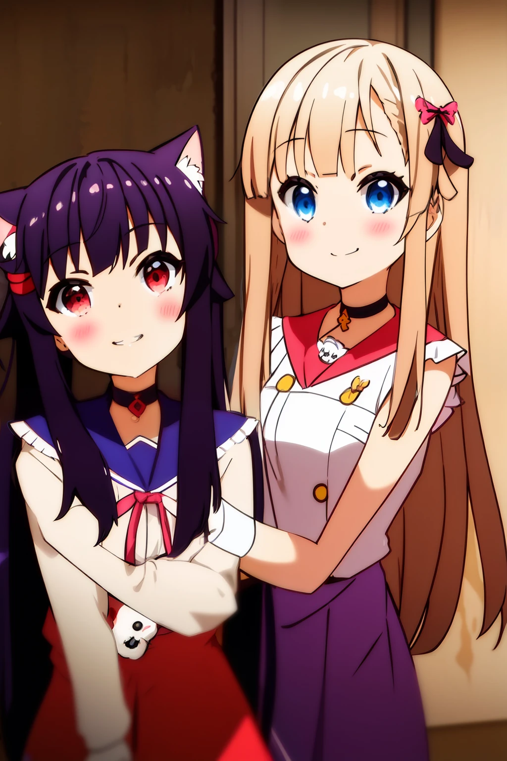 masterpiece, 2girl, long hair, smiling, hair accessory, cat, best quality