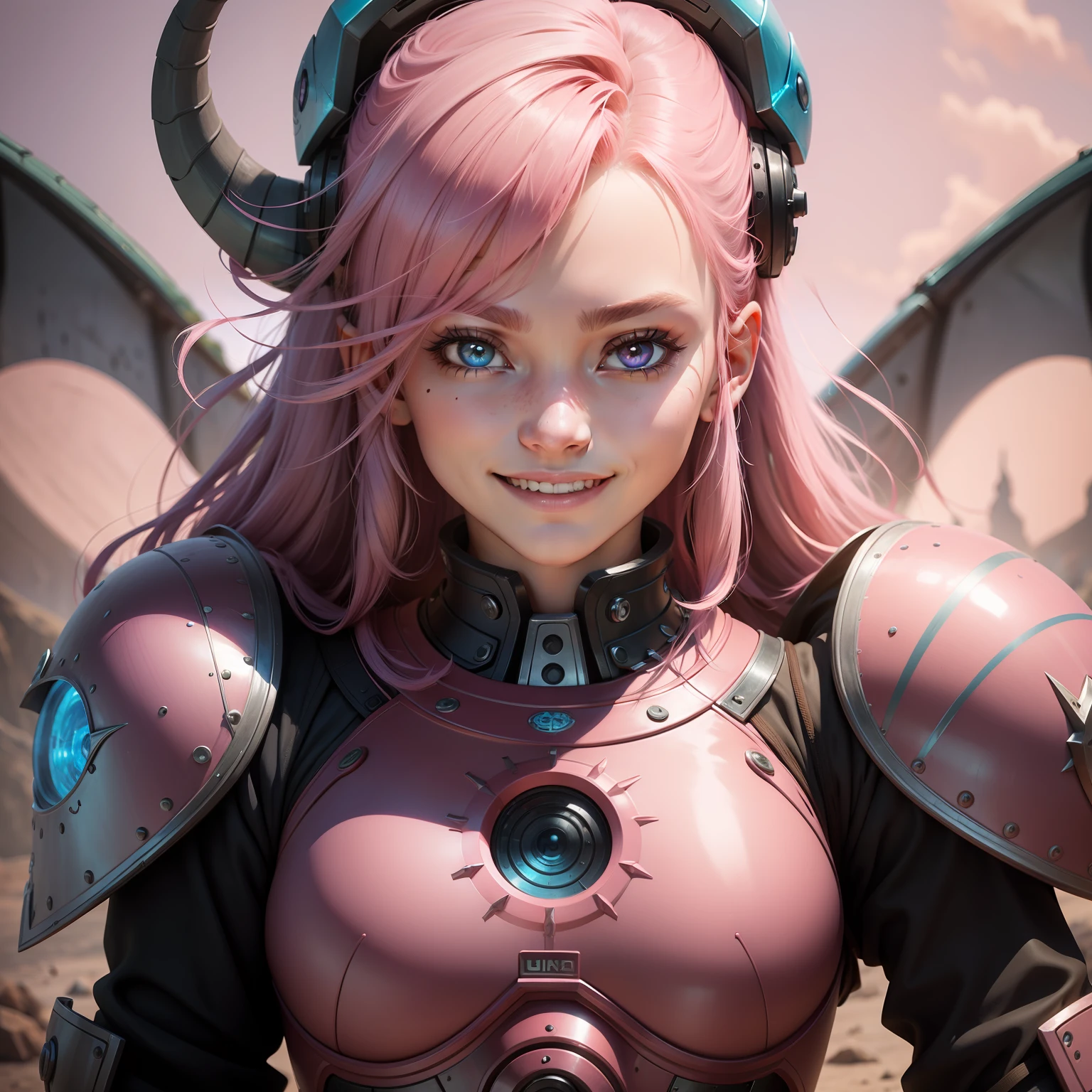 18 yo, pink hair, Girl, dragon helm, sci fi, ultradetailed, headshot, smiling, sexy face, detailed eye, blue flat background
