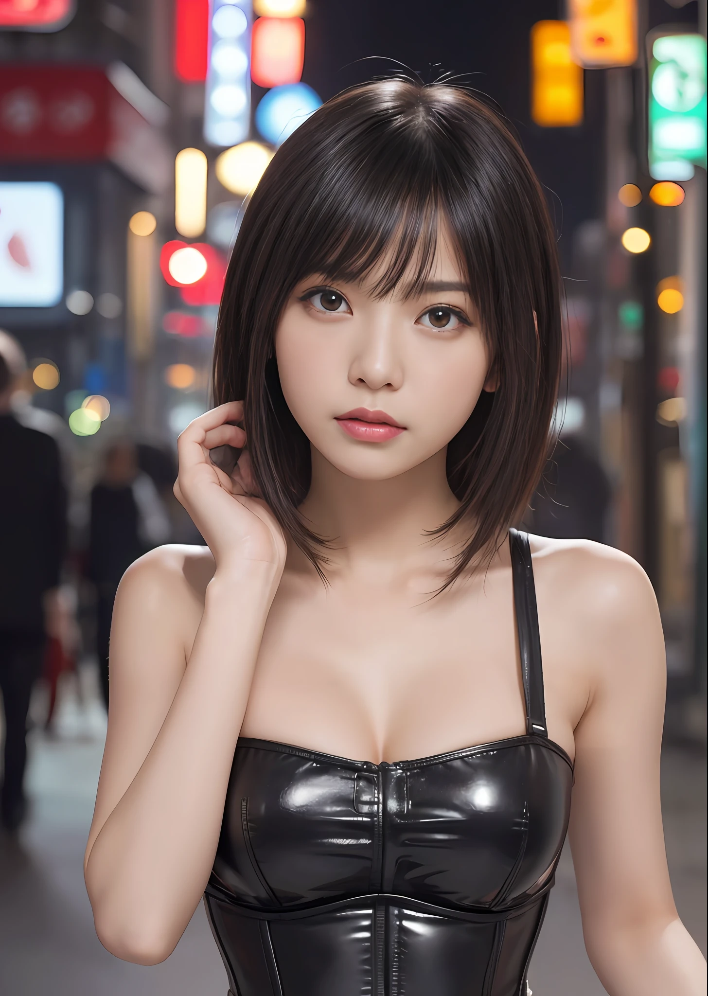 angry looking face,BDSM,slave,rubber,Black corset,shackle,gargantilha,nsfw,((top-quality、8k、masterpiece:1.3))、Crisp focus:1.2、(layers-Cut、tits out:1.2),Beautiful woman with perfect body shape:1.4、Slender abs:1.2、a wet body:1.5、Highly detailed facial and skin texture、A detailed eye、二重まぶた,Longhaire、((cammel toe))、Streets of Tokyo at night、Bokeh background