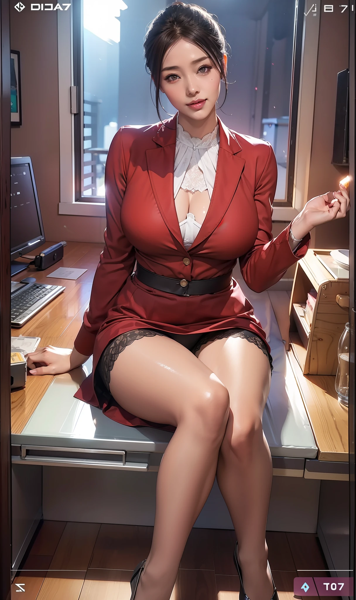 Female, browneyes, Gloss on lips, Short purple kimono, Hair ribbon, Weaving style, Smile, the cherry trees, sonoko, gigantic cleavage breasts, Large of breast, An EU masterpiece,Best quality,Portrait of 1girl,((best qualtiy)), ((tmasterpiece)), (the detail:1.4), 3D, hdr(HighDynamicRange),Ray traching,NVIDIA RTX,Hyper-Resolution,Unreal 5,Subsurface scattering、PBR Texture、post-proces、Anisotropy Filtering、depth of fields、maximum definition and sharpness、Many-Layer Textures、Albedo e mapas Speculares、Surface coloring、perfectly proportions、rendering by octane、Two-colored light、largeaperture、Low ISO、White balance、the rule of thirds、8K raw data、Raised translucent top, Smaller top, Smaller white lace shorts, Raised, Mature feminization, Flattering eyes, White lace translucent top,Flat bare abdomen, Snow-white thighs, White lace stockings, Bare arms, Mature charm deep V open neck, Long reddish-brown shiny hair, Vivid red lace translucent shorts perfect body 9 head beauty body contains thunderbolt pie. Smaller and more transparent shorts