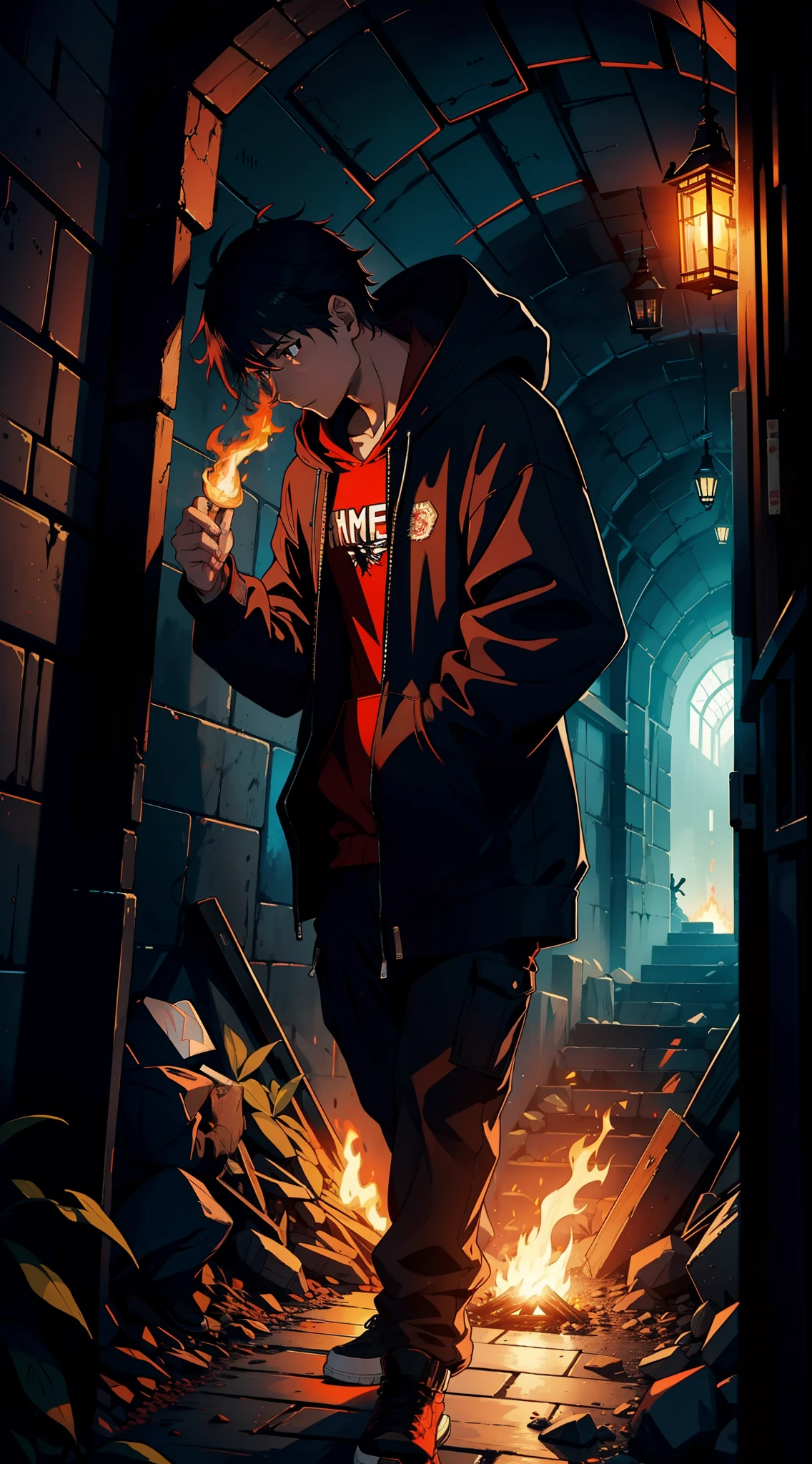 The man in the black hoodie took out fire in his hand, sparks, darklight, in the tunnel, firelight, nijijourney, midjourney