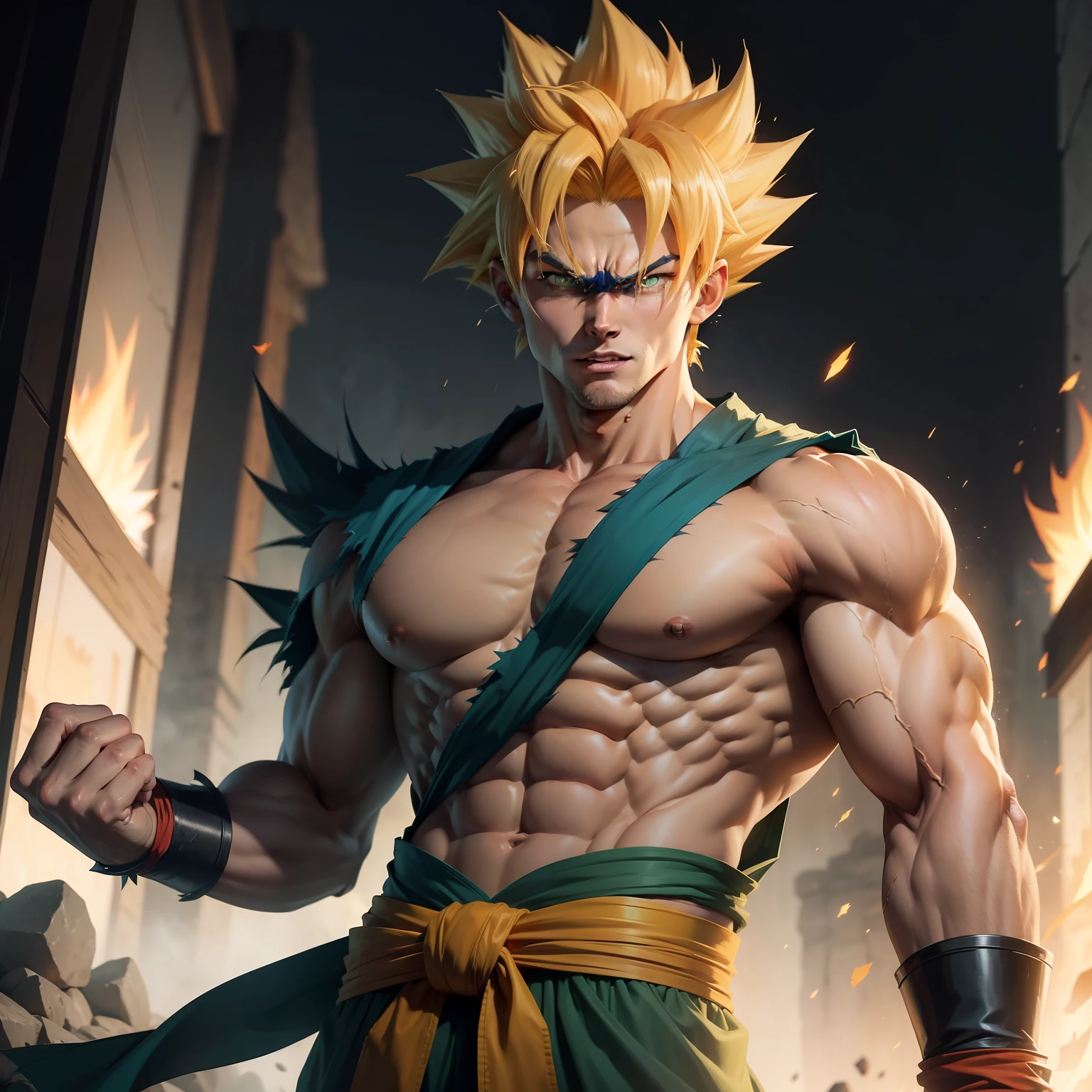 Son Goku, 1 Boy, Angry, Combat Damage, Blonde Hair, Blue Sash, Gritted Teeth, Furious, Green Eyes, Male Focus, Muscles, Muscular Men, Pectoral Muscles, Sash, Solo, Spiked Hair, Super Saiyan, Super Saiyan 1, Teeth, Topless Men, Torn Clothes, Wristband, ((Masterpiece))