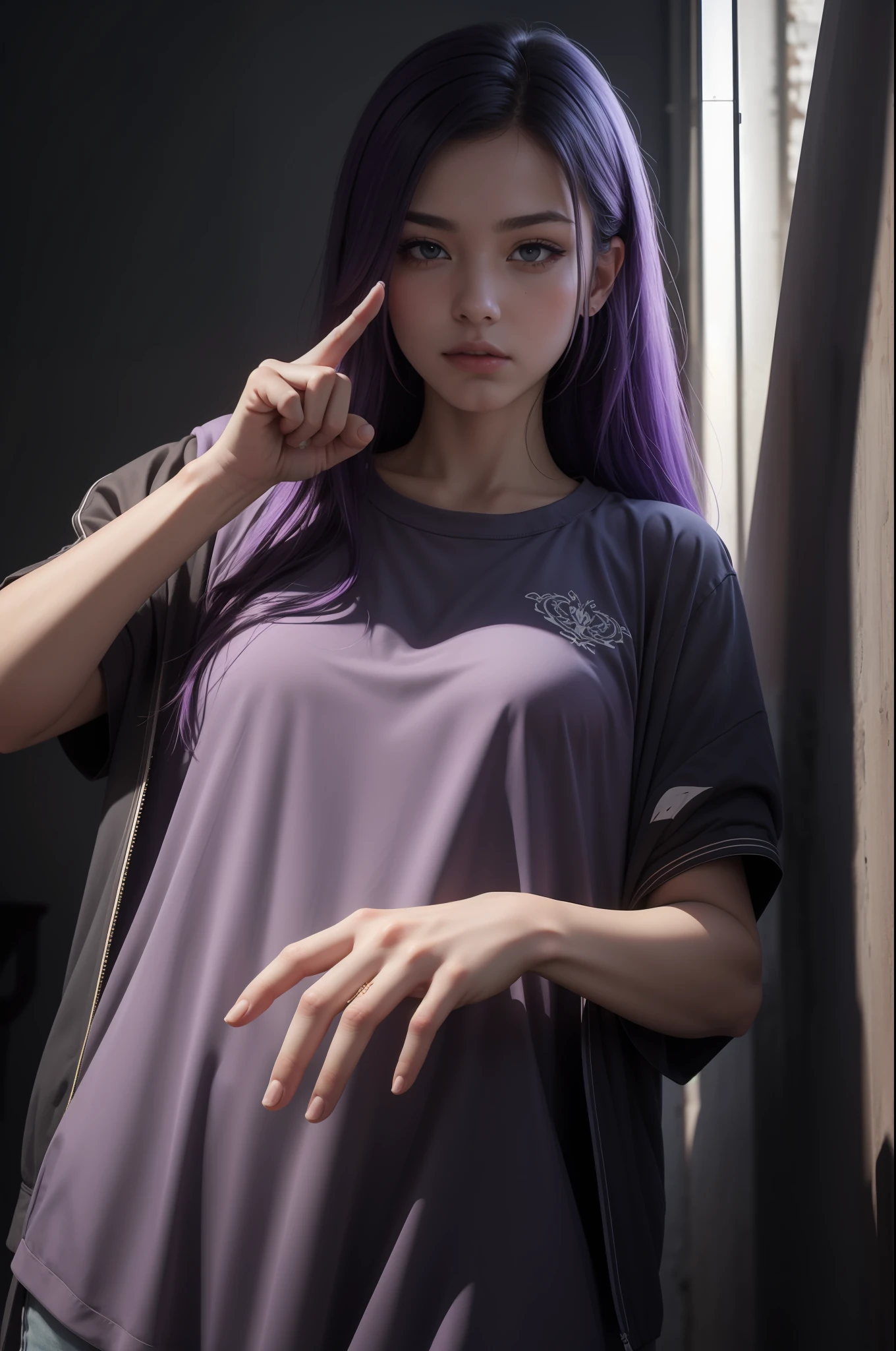 masterpiece, intricate detail, realism, a gesture of hand showing middle finger that was dyed in purple ink, high-definition, 8k res, absurd res, light-strobe, relaxed color