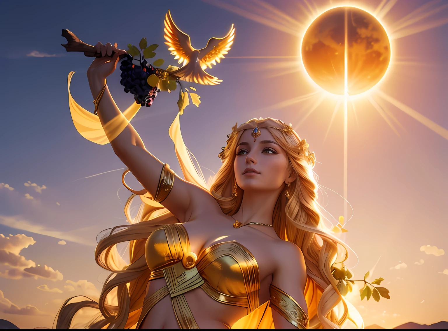 Hemera, the primordial goddess personifying the day in Greek mythology, is portrayed with an ethereal and luminous ???????. Her exquisite figure radiates vitality, with golden skin that seems to reflect the rays of the sun. Her delicately sculpted face exudes serenity and energy, her eyes sparkle like the dawn. Her flowing, golden hair cascades like the rays of the rising sun, framing her face softly, she holds a cluster of grapes, a symbol of fertility and harvest. As a backdrop, a horizon illuminated by the ascending sun over an idyllic landscape.