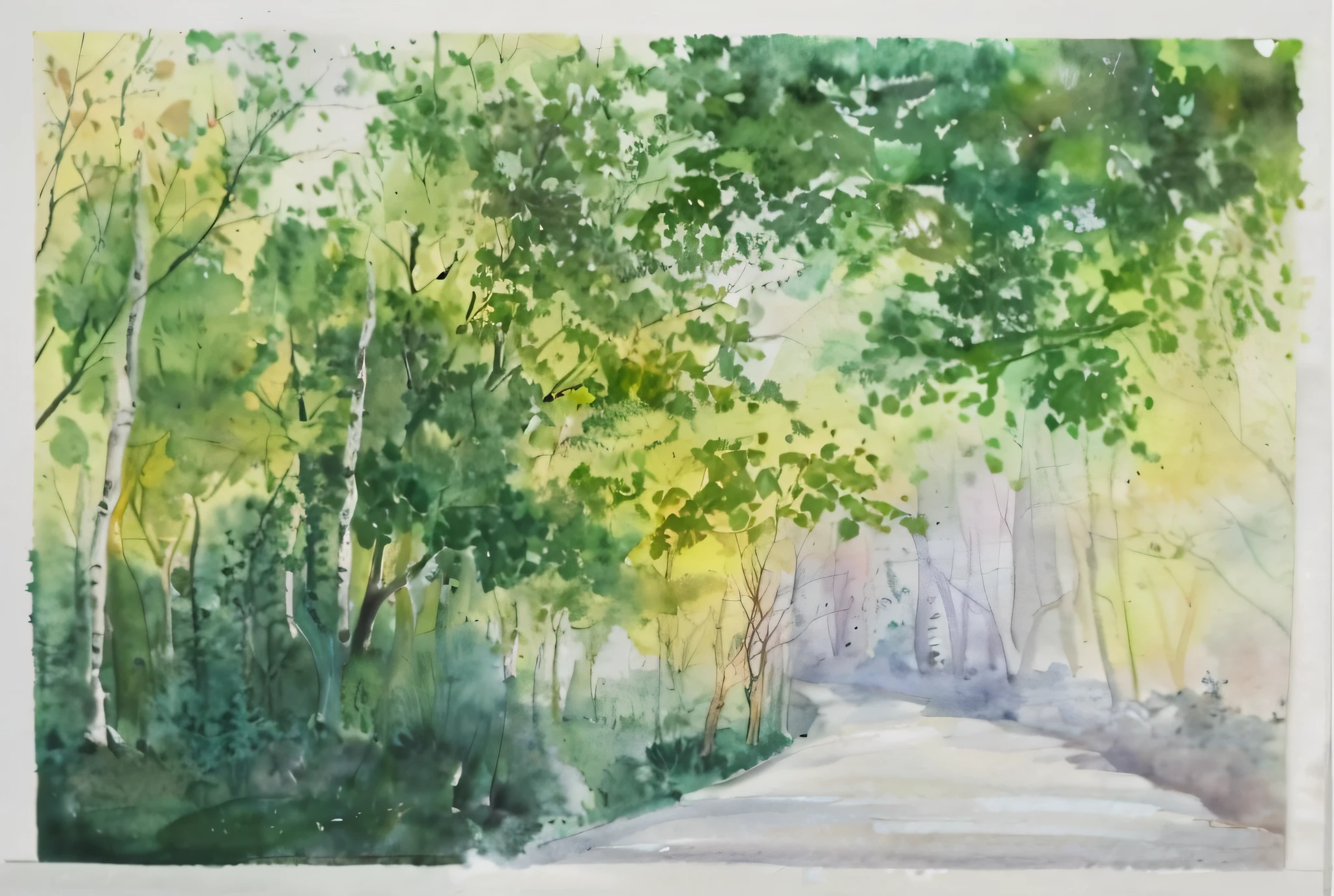 Road paintings with trees and benches in the woods, light watercolour painting, watercolour on paper, watercolour on paper, watercolour on paper, rough watercolor painting, Light watercolor, watercolor paiting, a watercolor painting, Watercolor landscape, nature painting, Watercolor painting, watercolor paiting, painting of a forest, loose watercolor drawing, watercolor paiting, watercolor colored painting