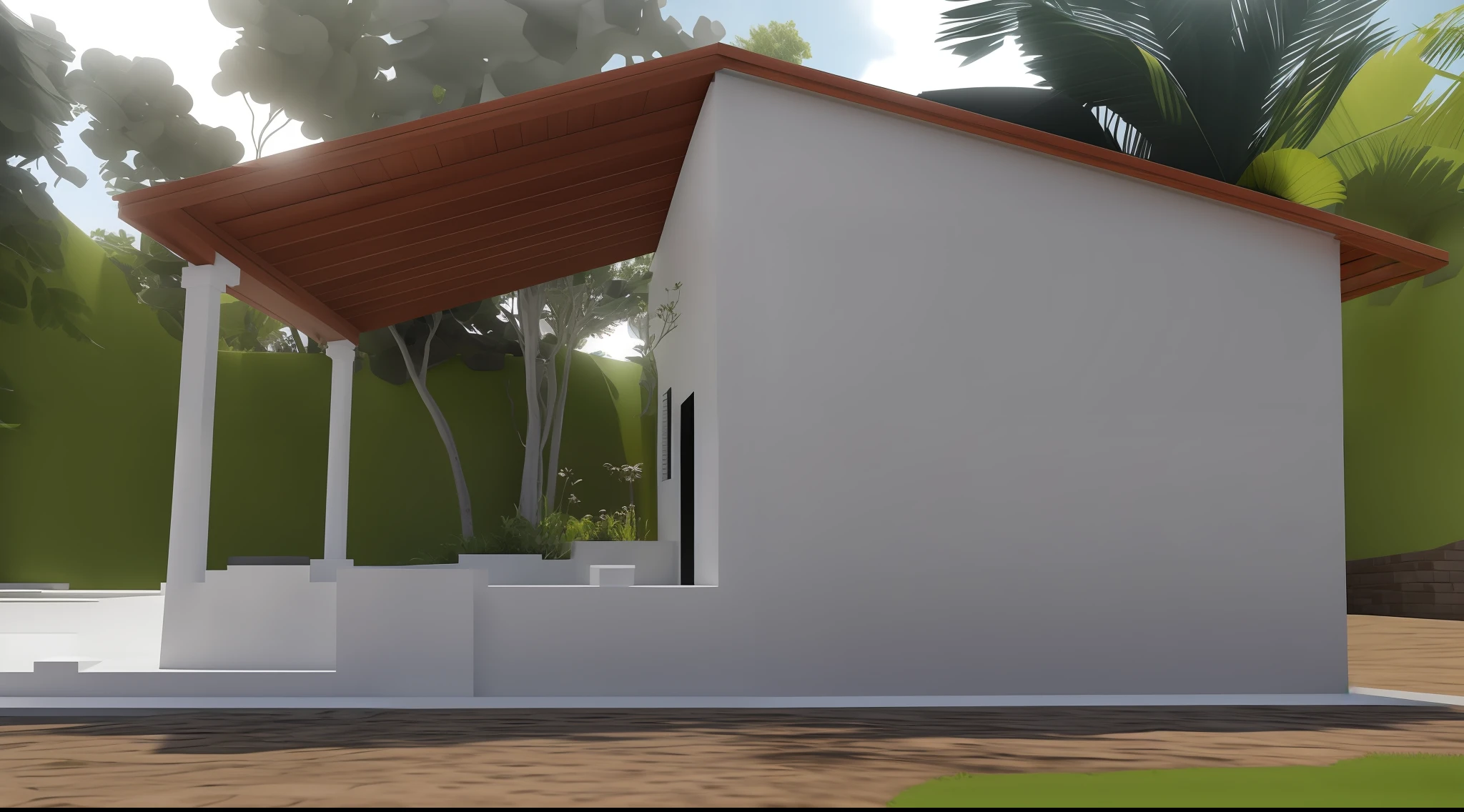 There is a small white building, com um telhado ao lado dele, testa, testa cheia, Lumion Pro Rendering, Directed by: CeFerí Olivé,vista frontal, vista lateral frontal, vista frontal, Vista lateral superior Frontal, vista externa, Vista lateral, estrutura da parede, visto de fora, Front view, side view, front view dramatic, um tiro do meio da frente, bem renderizado