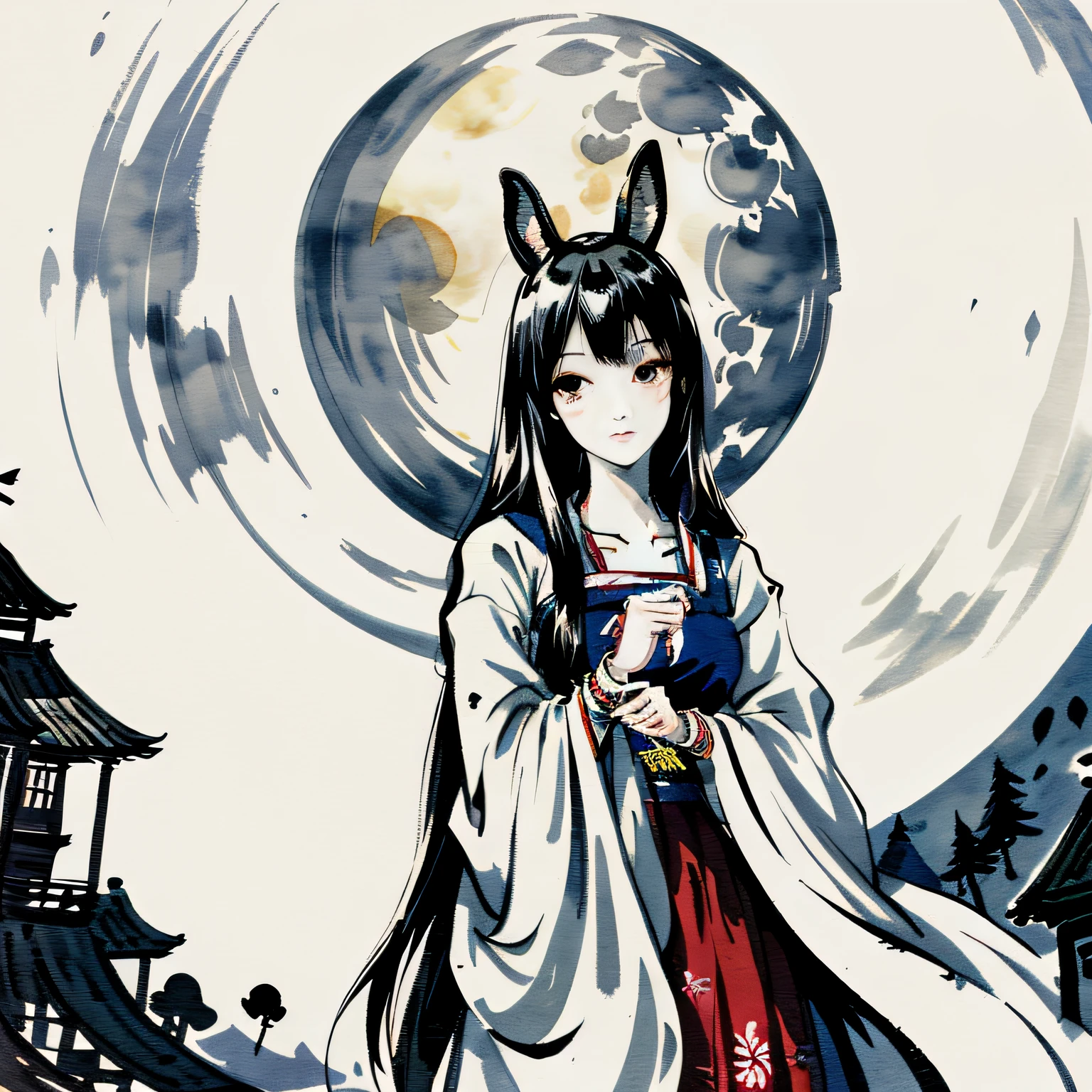 Ink printing woodcut style,bunnygirl,White and flawless,Ancient murals,Big moon background