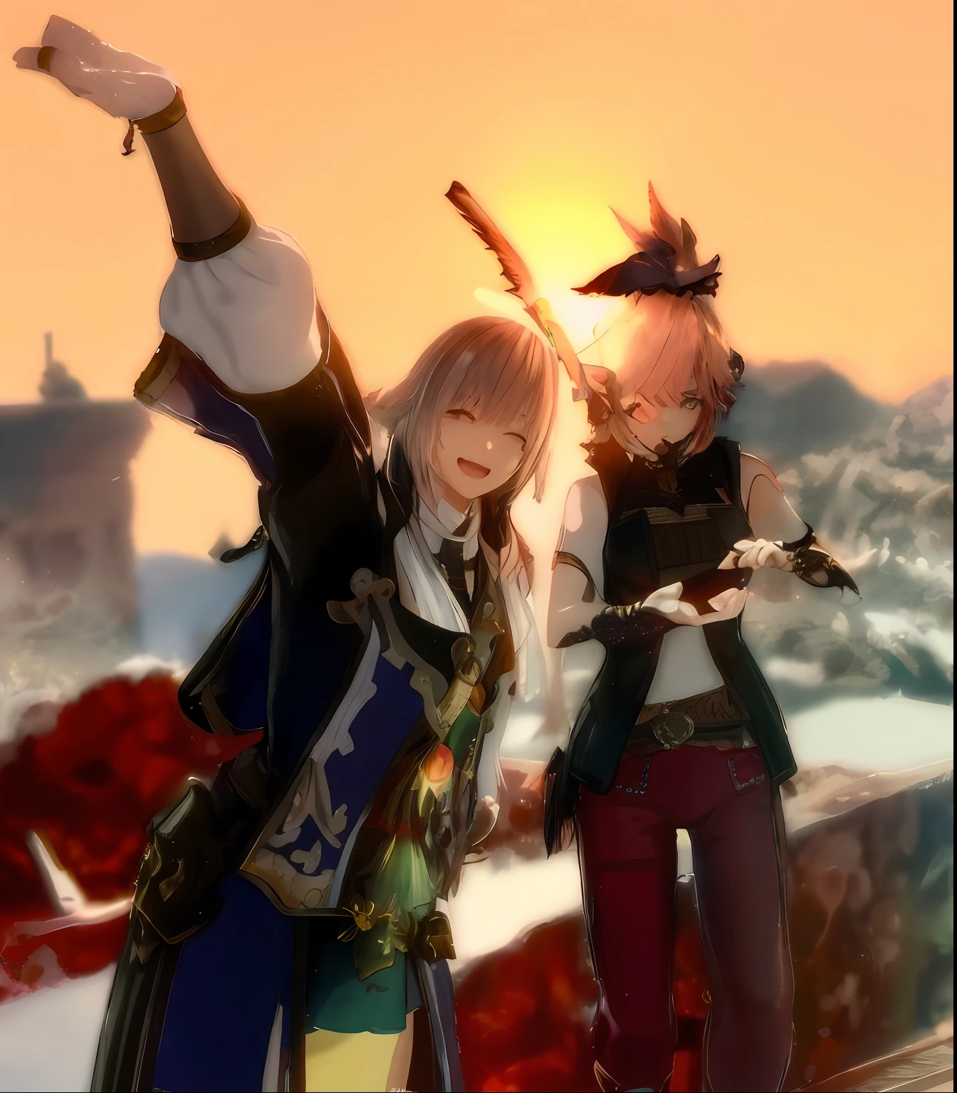 anime characters in a scene with a sunset in the background, final fantasy 14 style, final fantasy 1 4 screenshot, final fantasy 14 sharp, final fantasy 1 4, tranding on pxiv, happy!!!, ffxiv, ffxiv heavensward, final fantasy xiv, style of final + fantasy + 1 5, from final fantasy xiii