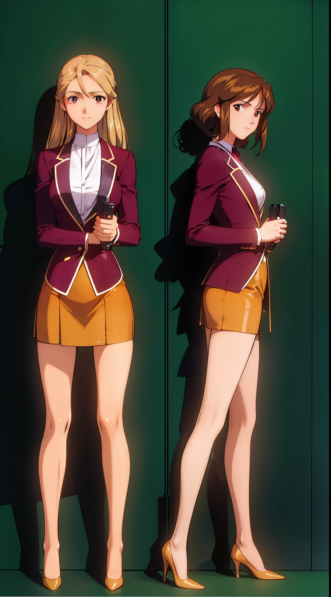 ((Masterpiece)), ((high quality)), brown hair, long hair, curly hair, hazel eyes, ((2girls, duo, twins, clones, lockstep)), office lady, skirt, blazer, updo, empty eyes, cybernetic headphones, blazer, ((matching outfits))