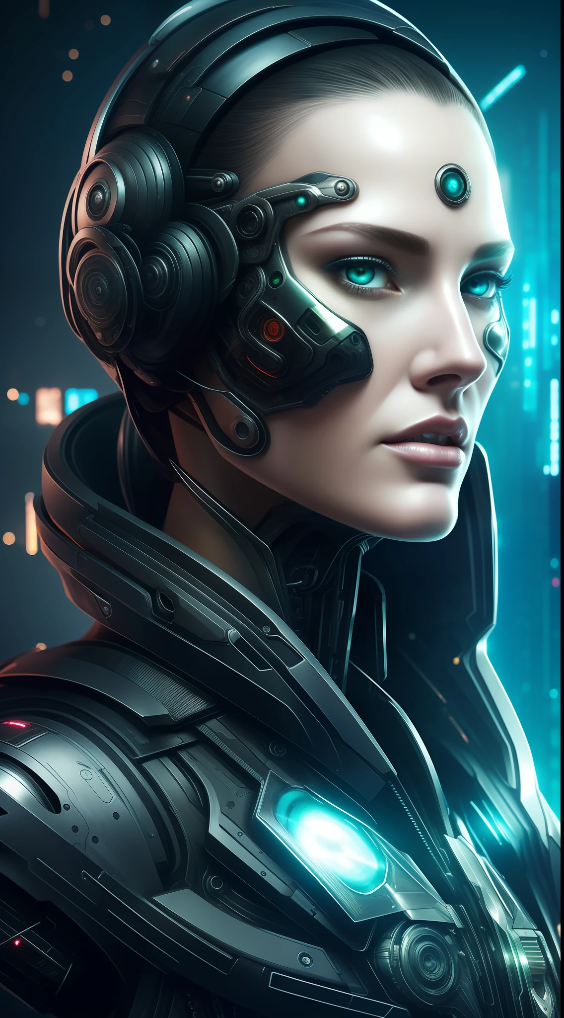 there is a woman with a futuristic head and a futuristic face, cyberpunk art by Android Jones, cgsociety contest winner, digital art, 4k highly detailed digital art, beautiful cyberpunk girl face, portrait of a female android, detailed portrait of a cyborg, beautiful digital artwork, cybernetic machine female face, intricate transhuman, cyborg - girl, beutiful girl cyborg