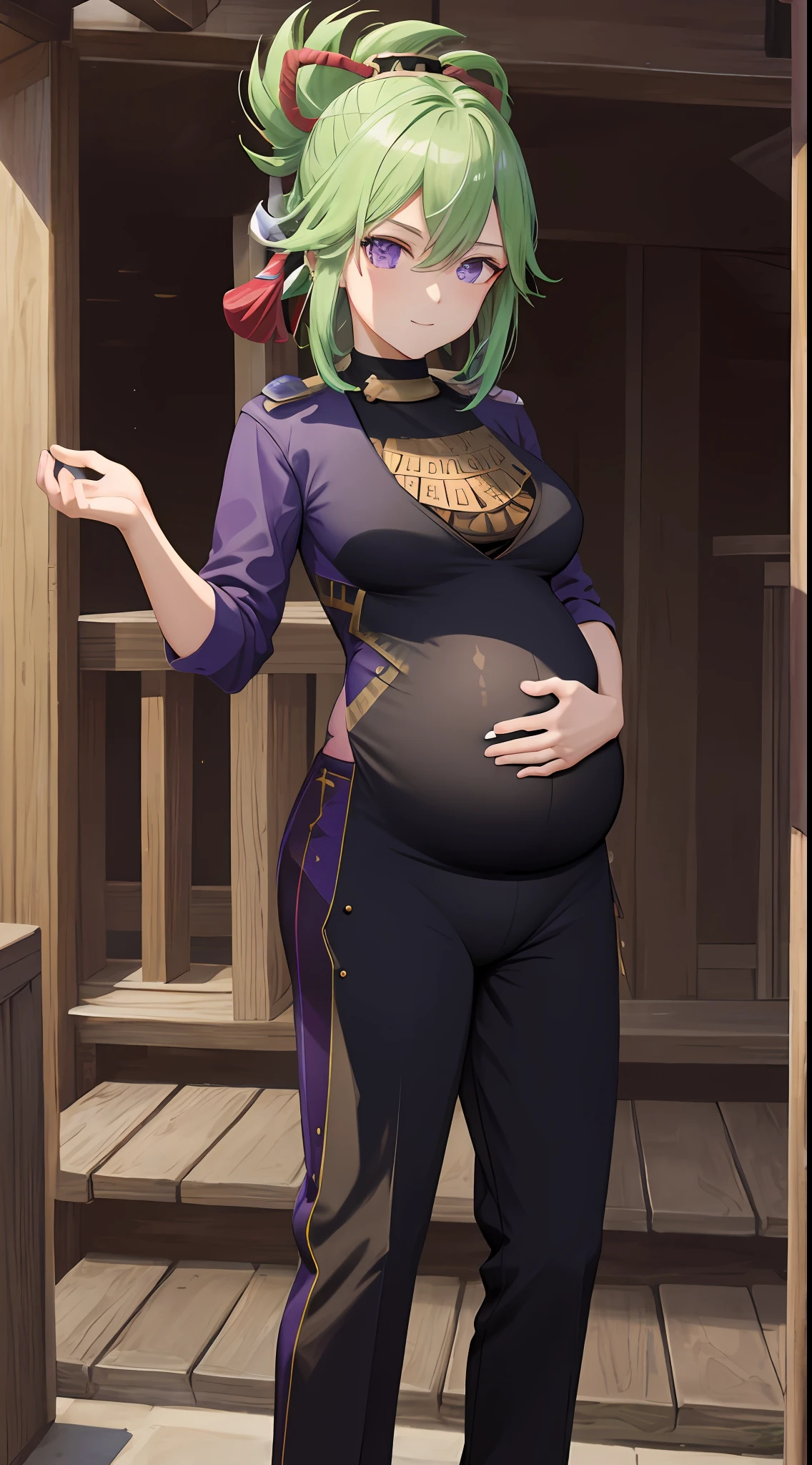 TakaRi， 独奏， 1girll， whaite hair， long whitr hair， Purple eye， ssmile， standing on your feet， dynamicposes， 8K， tmasterpiece， best qualtiy， absurderes， Perfect anatomy， cinmatic lighting， cowboy lens， （Police uniform：1.1）， trouser，Pregnant belly，Pregnant belly