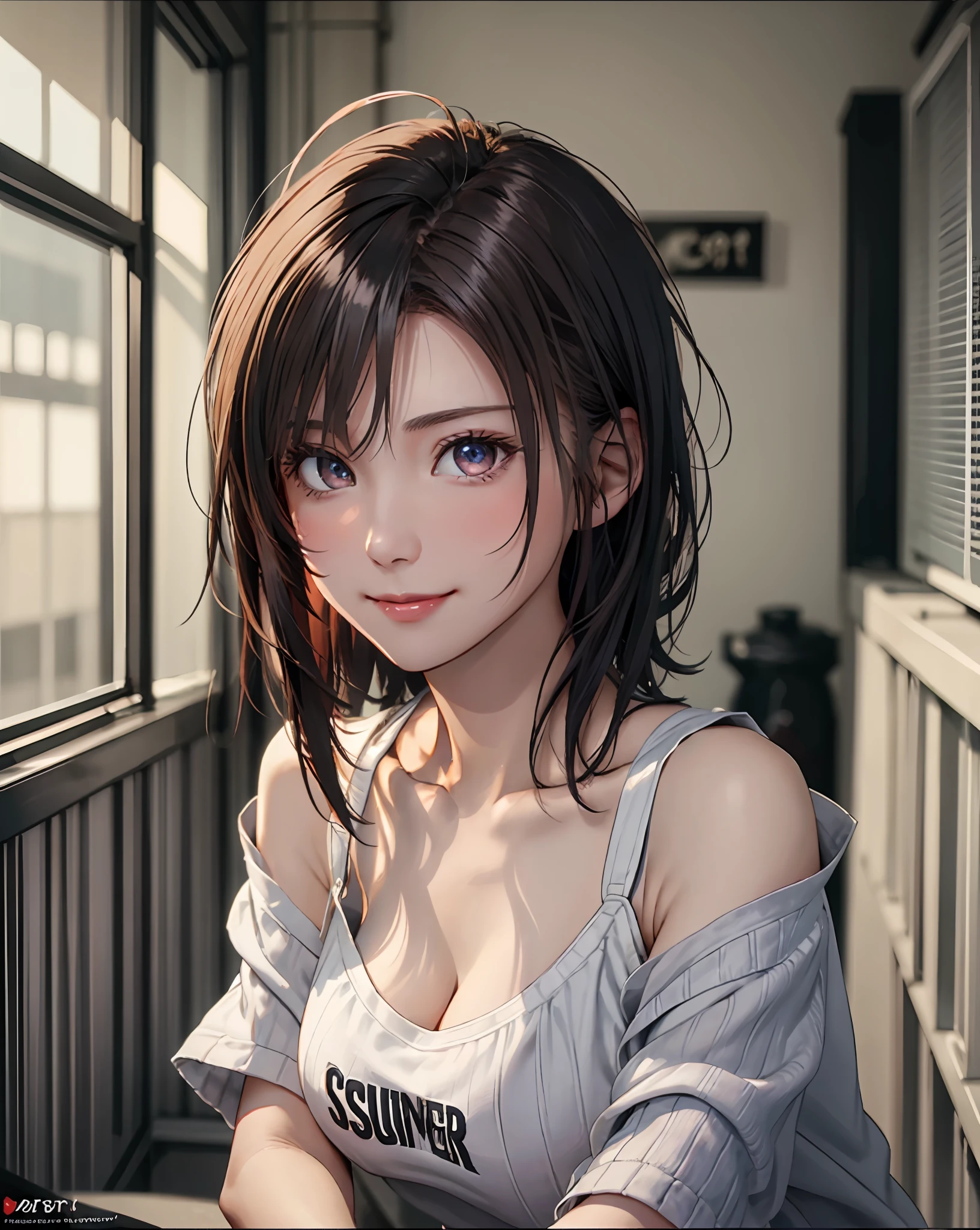 Best Quality, Ultra High Resolution, (Photorealistic: 1.4), Beautiful Eyes, Super Beautiful, Very Short Hair, Beautiful, Sweetheart, T-shirt with Rough Chest, Beautiful Soldier, Eyes That Invite Viewer, Lover's Perspective, Inviting Expression, Sexy Smile, Perfect Style, Perfect Balance, Detailed Skin, Naughty Gaze, Chest Visible