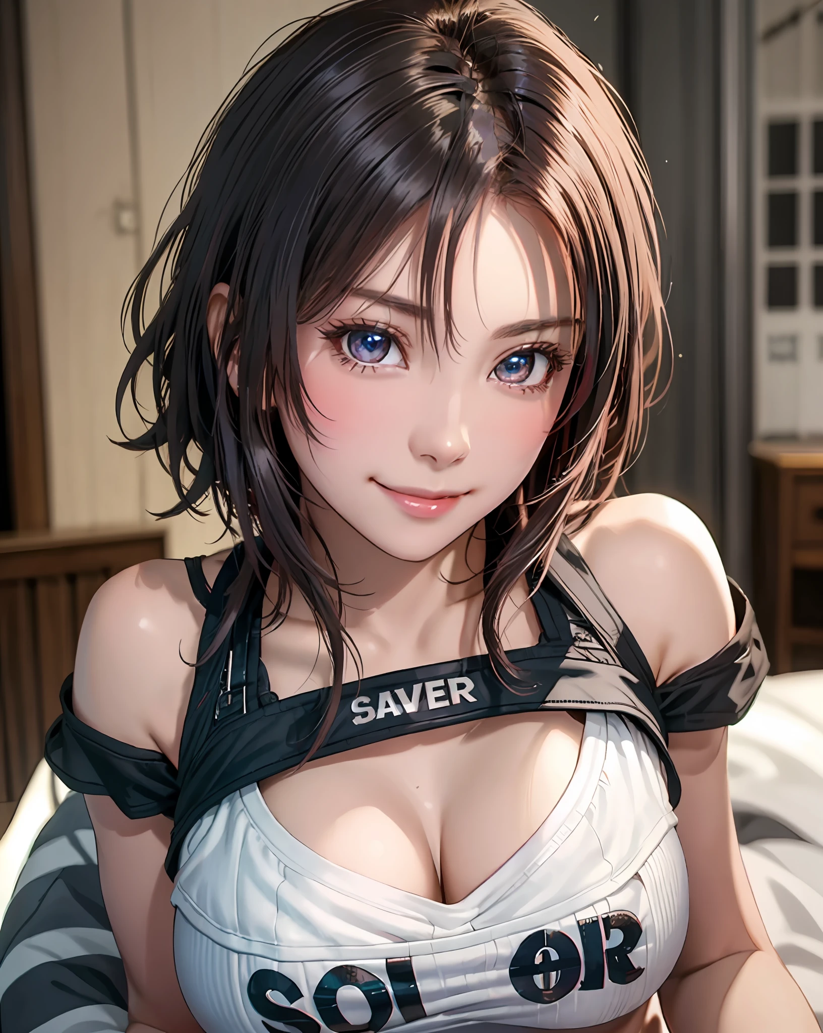 Best Quality, Ultra High Resolution, (Photorealistic: 1.4), Beautiful Eyes, Super Beautiful, Very Short Hair, Beautiful, Sweetheart, T-shirt with Rough Chest, Beautiful Soldier, Eyes That Invite Viewer, Lover's Perspective, Inviting Expression, Sexy Smile, Perfect Style, Perfect Balance, Detailed Skin, Naughty Gaze, Chest Visible