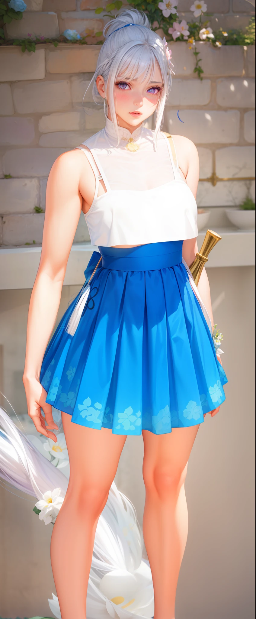 realistic, 1girl, white hair, purple eyes, glowing eyes, crop top, skirt, parted lips, blush, night, flowers, sun, sunlight,