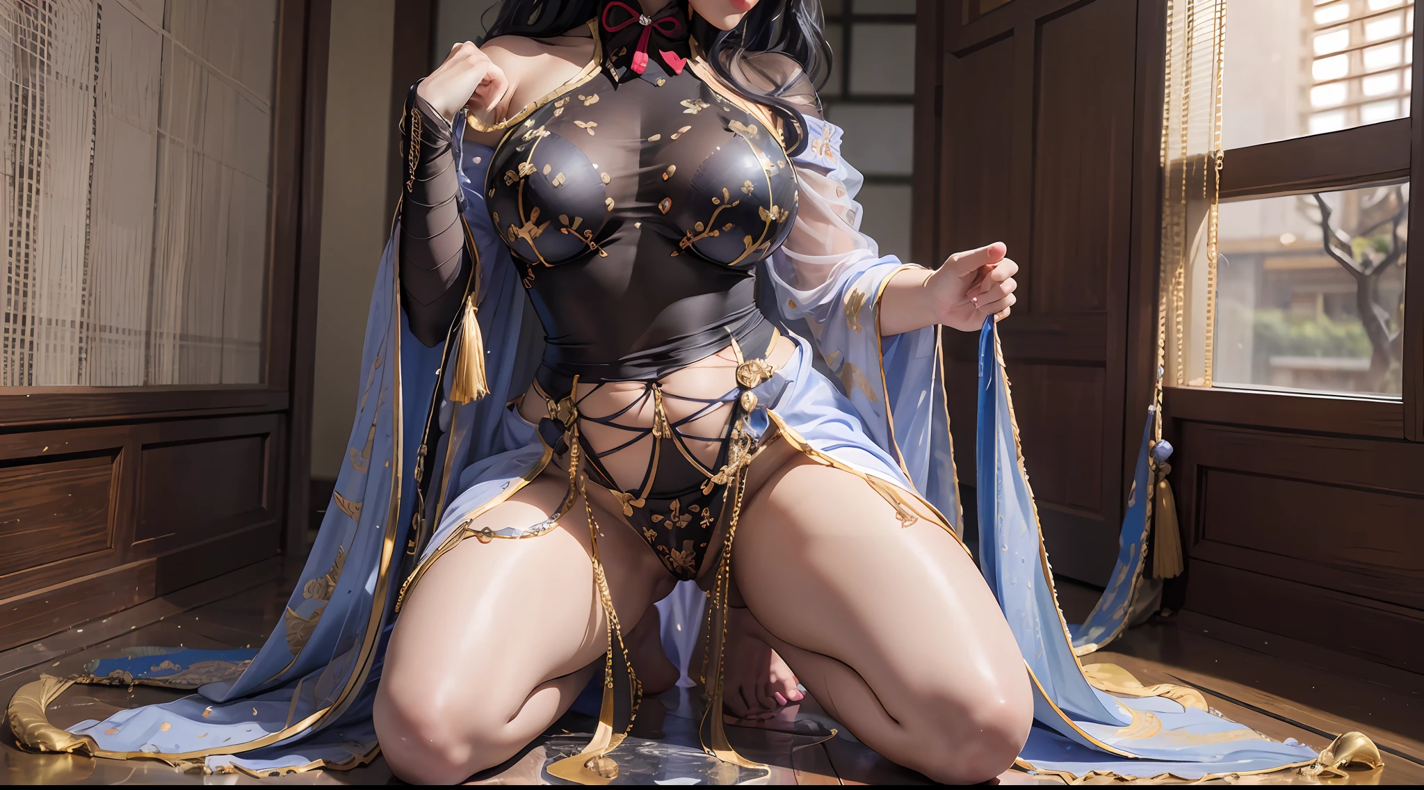 (Enrich the picture,Masterpiece level quality)Beautiful 8K CG artwork,Goddess-like posture,Kneeling exercise,Slim and soft,Translucent skin,Black hair、The beauty of extra-long hair, Super Long Straight Hair,The skin is fair and juicy,Underwear uniforms,Perspective Part 1.2x enhanced silhouette effect,Exquisite transparent blues pattern in pajamas,The details are intricate and exquisite,The background is slightly blurred,Charming and lustful leg seduction,Drool,Extra-large big breasts,Blush,Japan goddess,Perfect body slim curves,Chiffon dress,