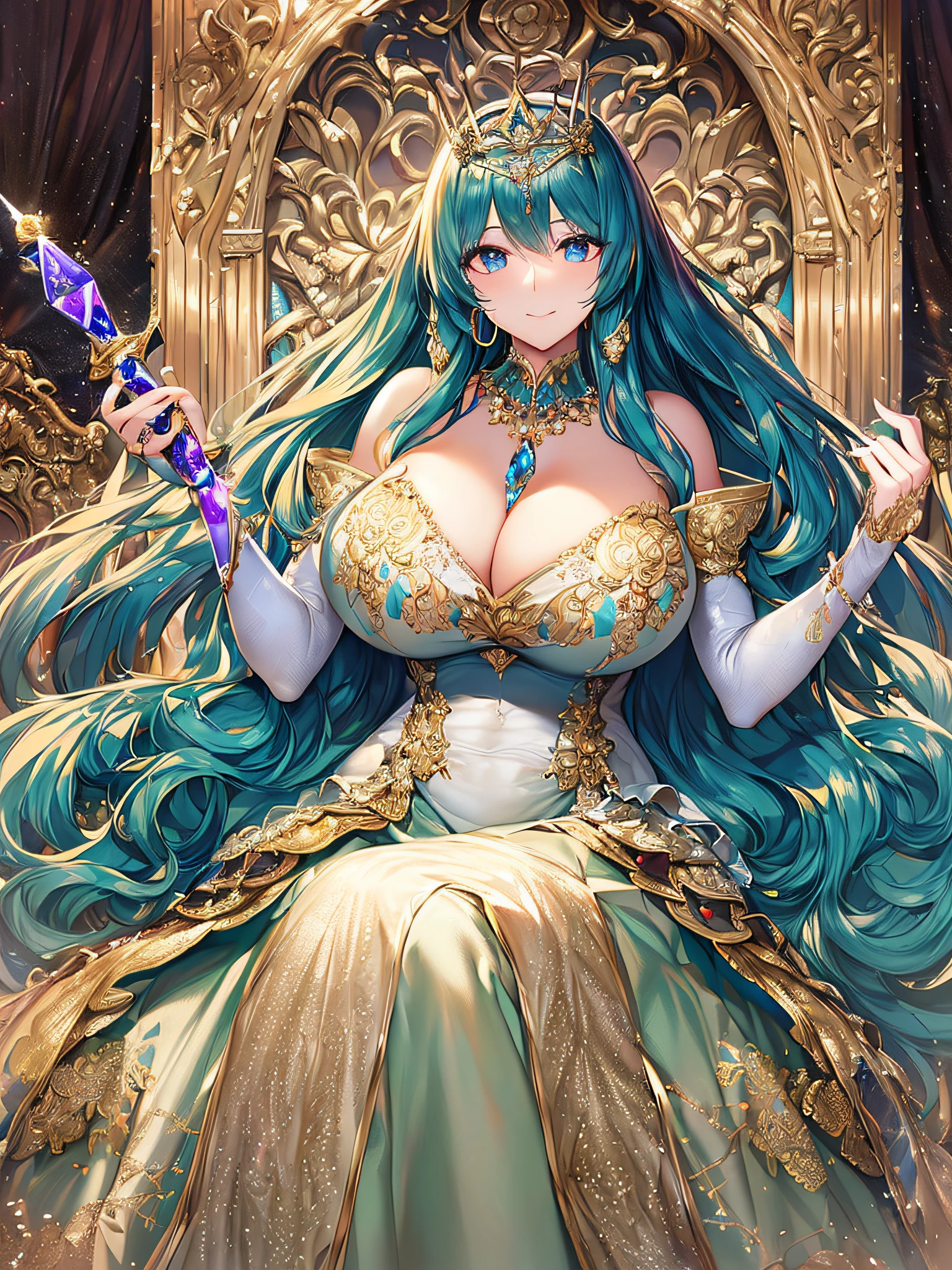 ((anime artstyle)),(Masterpiece),(Best Quality), (Super Detail),((Very Delicate and Beautiful)),(((Solo))),((full body)),(((milf))),(((1 queen in beautiful embroidery and jeweled gorgeous rococo ball gown dress with voluminous full length hoop skirt))),sitting on the throne,(bling-bling),Long train,(((sitting on the gorgeous throne in the throne room,holding a scepter in one hand))),(bling-bling gorgeous gemstone jewelry),detailed face and eyes,jewel-like eyes,seductive smile,((large amount of straight hair,extremely voluminous Very Long Hair,Very Long Straight Hair)),(((gigantic tits,Long tits))),cleavage,(gorgeousfull embroidery and lace),gorgeous corsage,See-through,extremely gorgeousfull hair ornament,(bling-bling extremely gorgeousfull jeweled tiara),ornate ruffles,(hoop skirt,crinoline),((Dynamic Angle)),Looking at viewer,((full body)),((beautiful embroidery and jeweled extremely gorgeous rococo ball gown dress with voluminous full length hoop skirt))