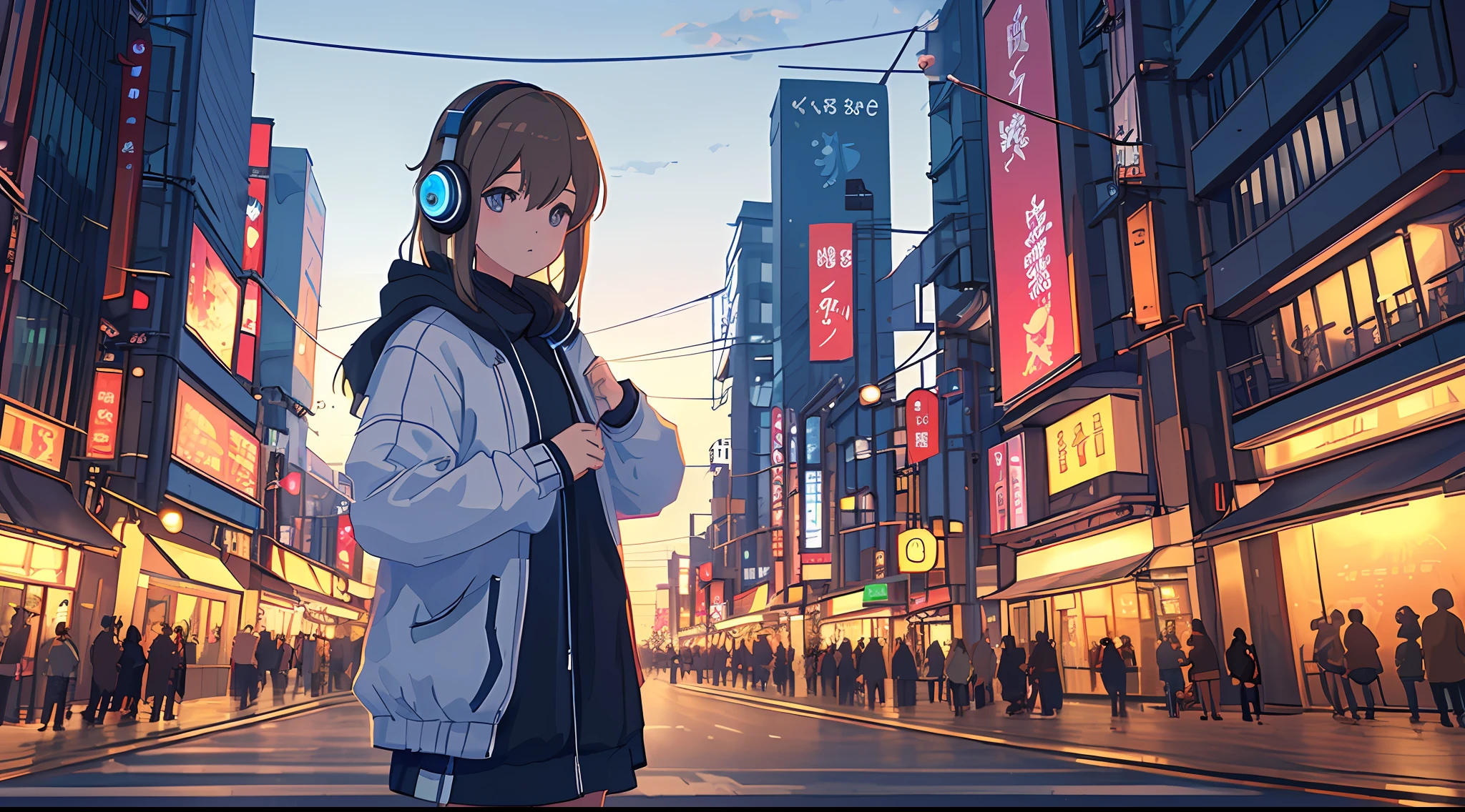 Masterpiece, best quality, (very detailed CG unity 8k wallpaper) (best quality), (best illustration), (best shadows) a girl wearing headphone chilling on tokyo street at night and standing on right side of the image, pixel style, lofi girl, super detailed --v6