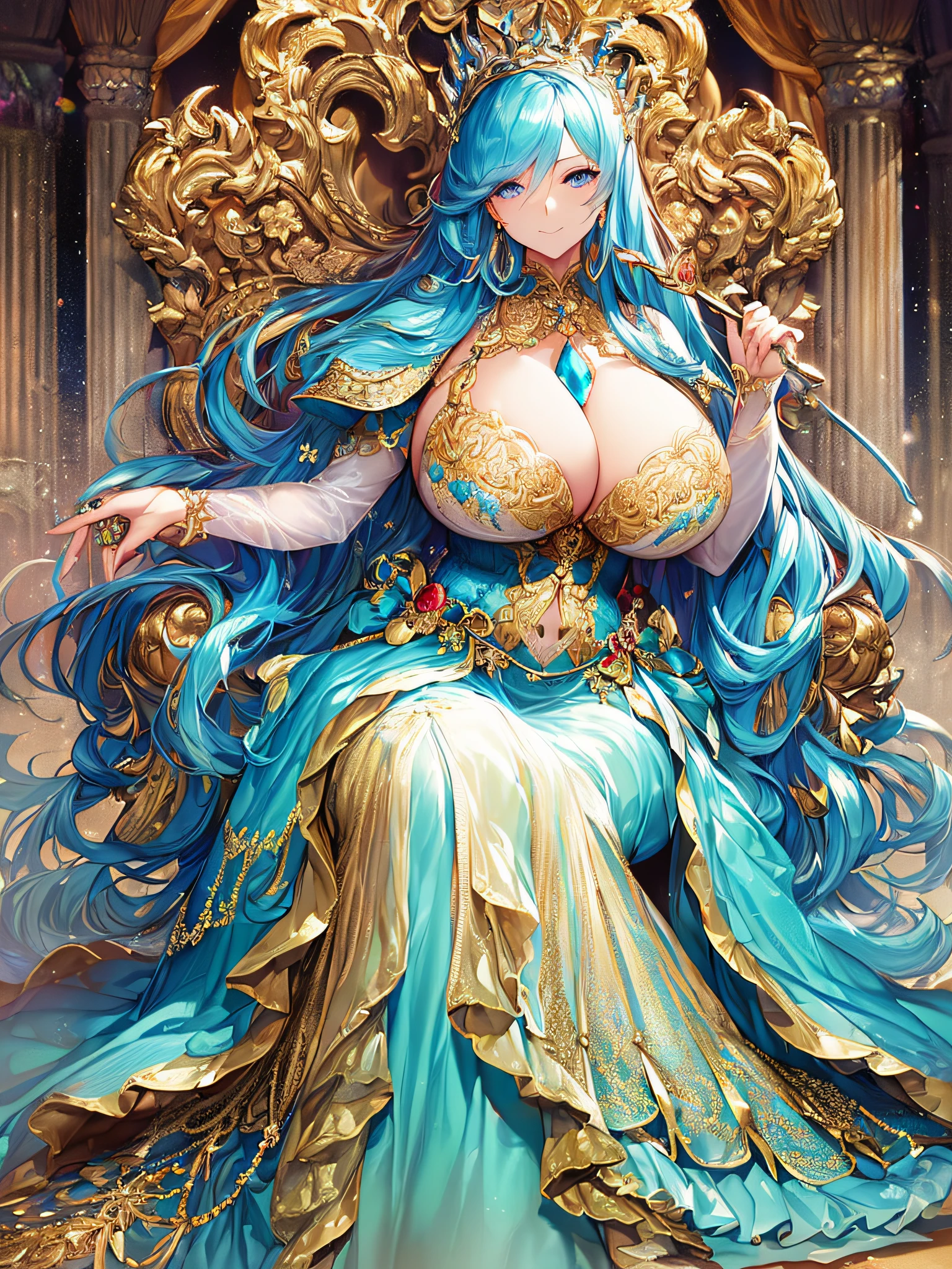 ((anime artstyle)),(Masterpiece),(Best Quality), (Super Detail),((Very Delicate and Beautiful)),(((Solo))),((full body)),(((milf))),(((1 queen in beautiful embroidery and jeweled gorgeous rococo ball gown dress with voluminous full length hoop skirt))),sitting on the throne,(bling-bling),Long train,(((sitting on the gorgeous throne in the throne room,holding a scepter in one hand))),(bling-bling gorgeous gemstone jewelry),detailed face and eyes,jewel-like eyes,seductive smile,((large amount of straight hair,extremely voluminous Very Long Hair,Very Long Straight Hair)),(((gigantic tits,Long tits))),cleavage,(gorgeousfull embroidery and lace),gorgeous corsage,See-through,extremely gorgeousfull hair ornament,(bling-bling extremely gorgeousfull jeweled tiara),ornate ruffles,(hoop skirt,crinoline),((Dynamic Angle)),Looking at viewer,((full body)),((beautiful embroidery and jeweled extremely gorgeous rococo ball gown dress with voluminous full length hoop skirt))