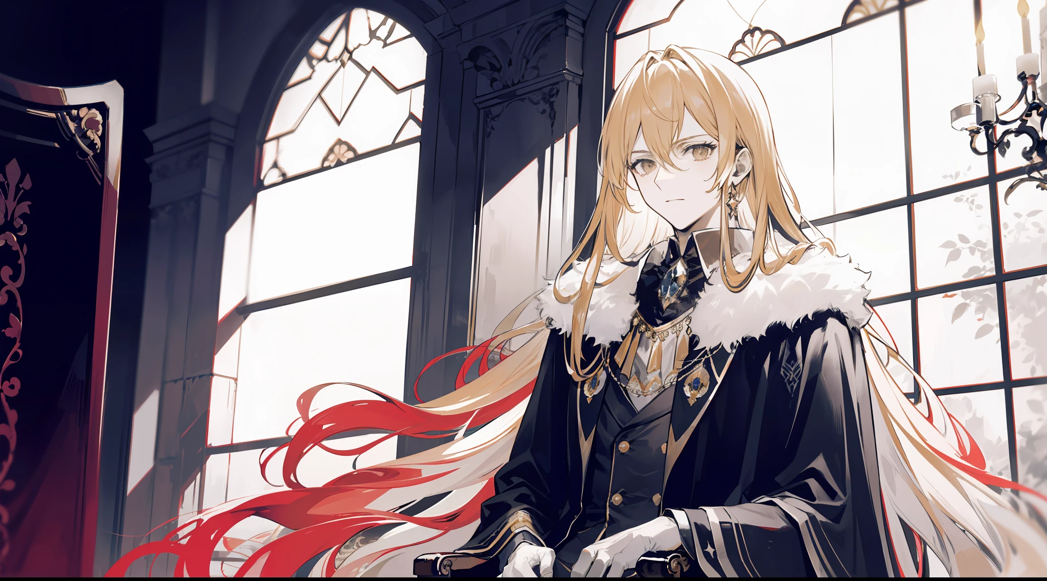 Inside the royal throne room, there was a man with long flowing blonde hair in a royal cloak, he was sitting arrogantly in the throne((monochromatic but black and gold))