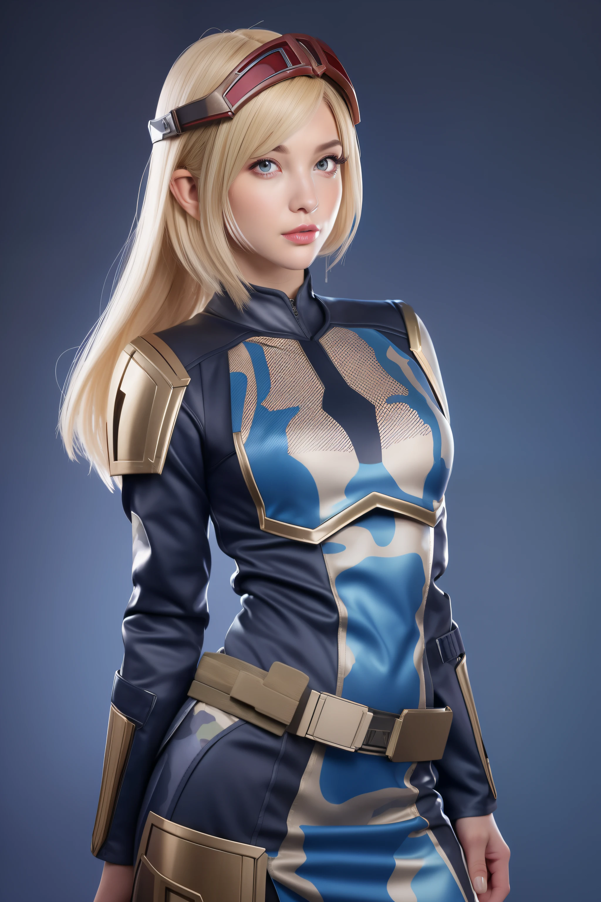 Beautiful Face Woman、a blond、Blue camouflage pattern background、 Beautuful Women、18year old、prety woman、hyper realistic photography、High-definition photos、red lipsticks、Mandalorian style miniskirt suit in metal armor、The skin is not very exposed、Do not cut your head off the screen、Camouflage skirt、Facing the front、